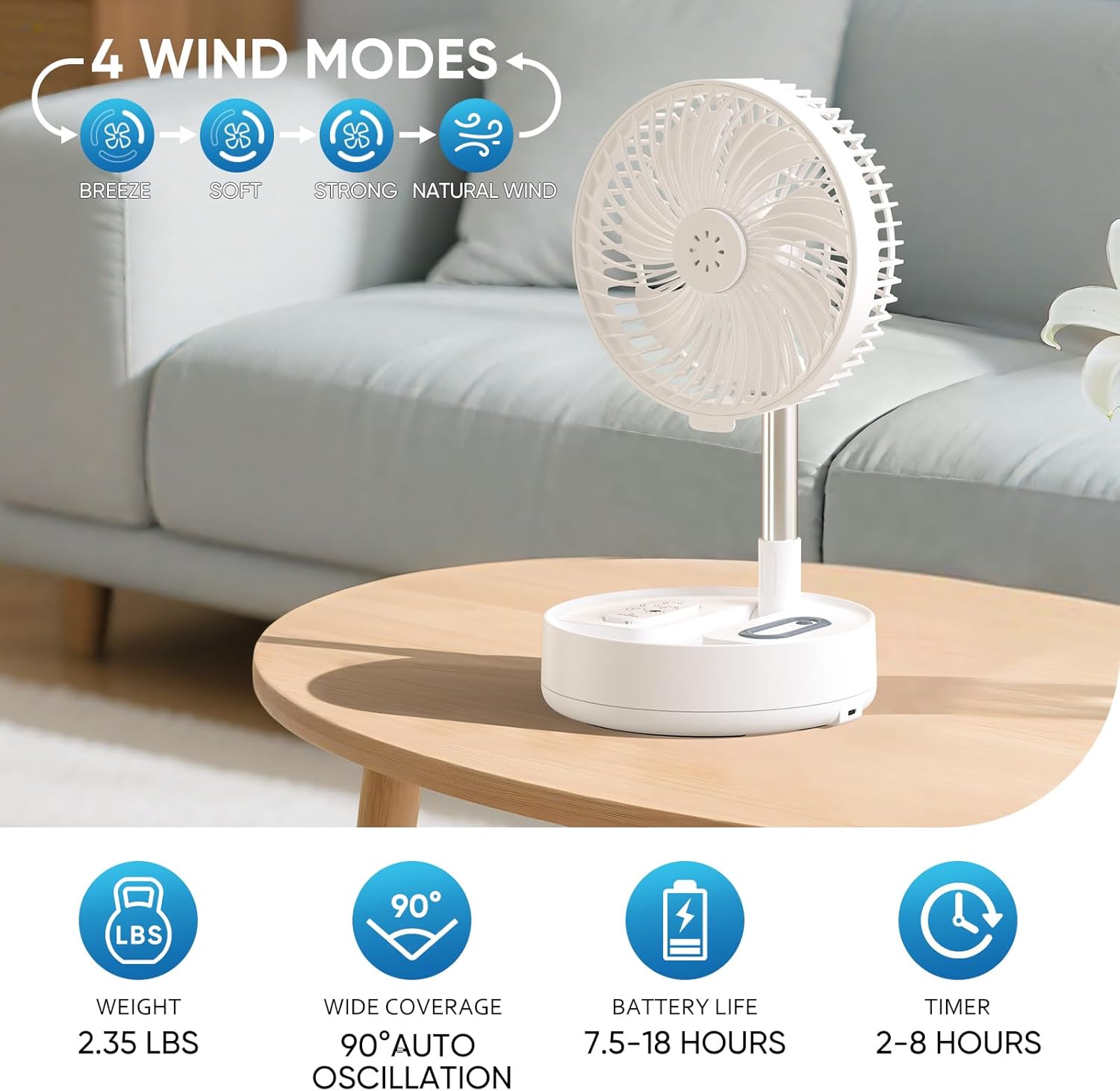 Portable Foldable Fan, Rechargeable Fan with Remote, Telescopic & Adjustable Height, 4 Speeds, Auto Oscillation, LED Light, Timer & Aroma Case – Quiet Cooling for Home, Outdoor Tra...