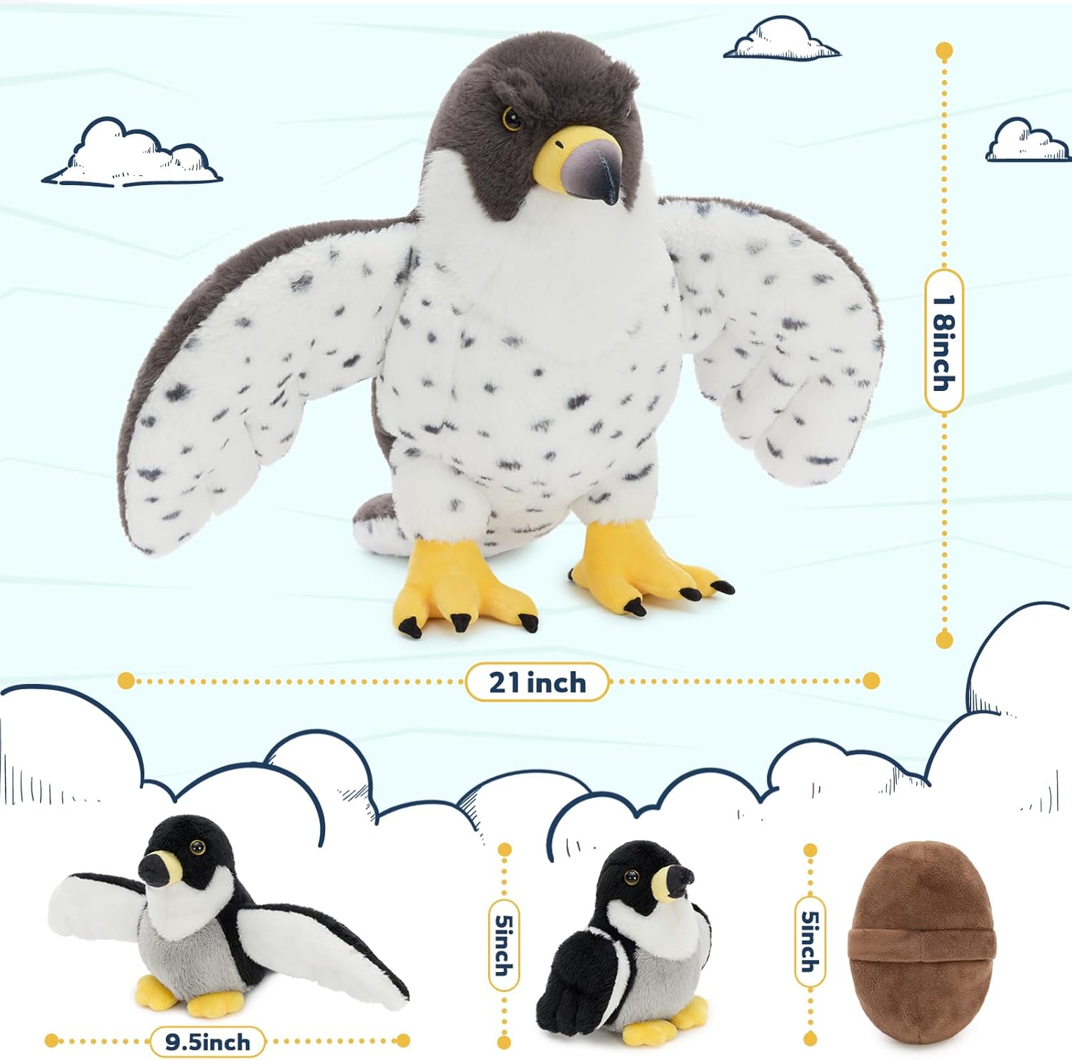 MaoGoLan 4 Pcs Peregrine Falcon Stuffed Animals Bulk with 3 Baby Birds Inside, 18 inch Giant Plush Falcon Toys Set Funny Stuffed Eagle Christmas Valentine's Day Easter