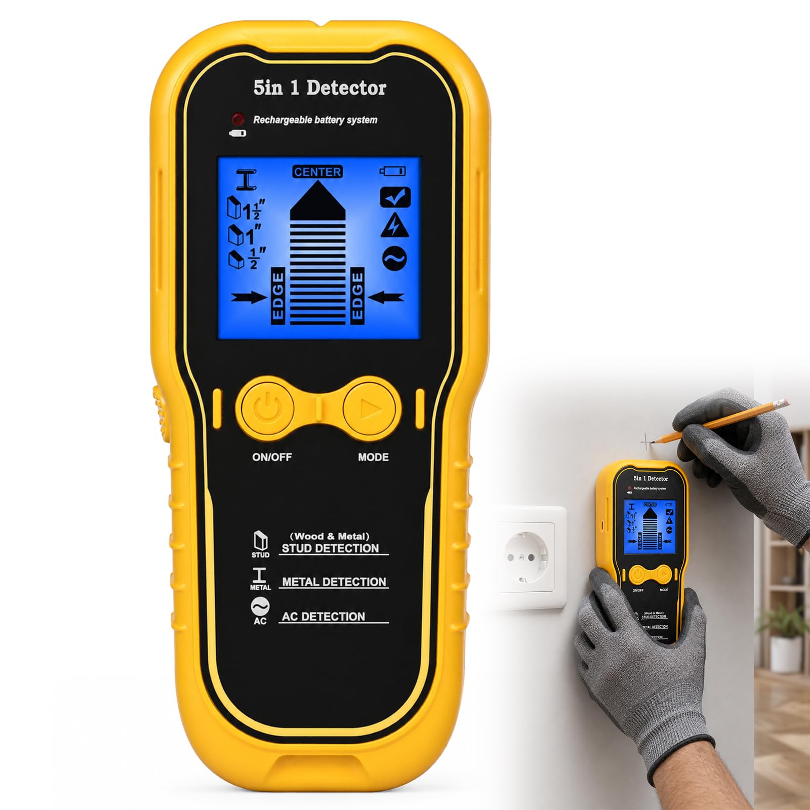 Yaskyly Stud Finder Wall Scanner 5-in-1 Stud Detector with 1200mAh Battery, LCD Display & Audio Alarm, Wall Scanner for Wood AC Wire Metal Studs Joist Detection, Portable DIY Tool for Home Improvement