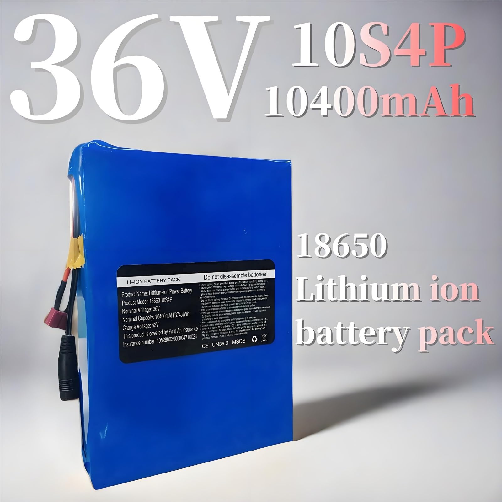 Batería 36V 10.4Ah 10S4P Pack Ion Litio Con Cargador 42V 2A Enchufe T DC5521 Para Bicicleta Eléctrica Y Patinete Compacto Portátil 2Kg 199X145X43Mm BMS 30A