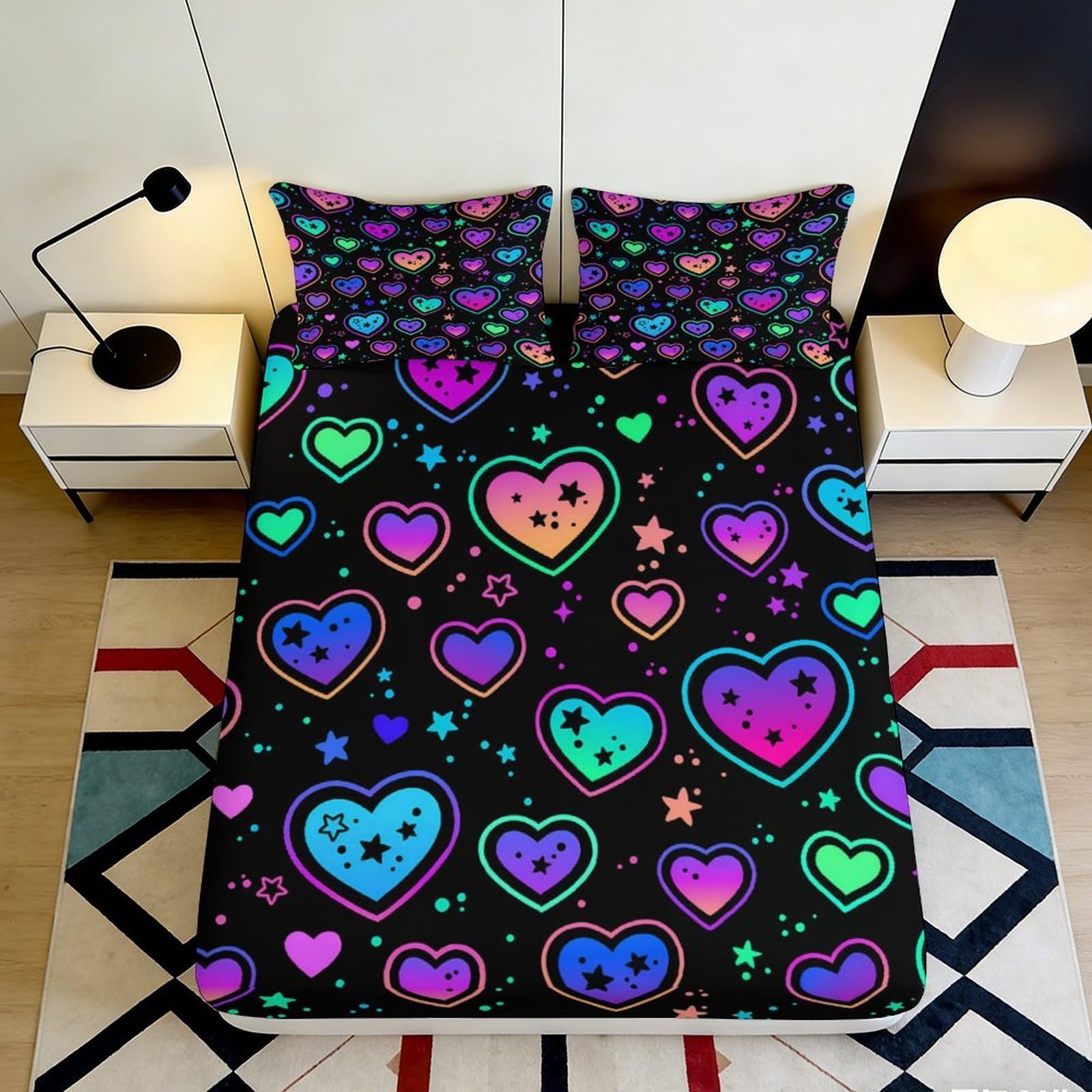 3D Printed Neon Hearts Fitted Sheet Microfiber Soft Durable Glow Design Bed Cover for Bedroom Dormitory Guest Room Mattress Protection 160x200x25cm