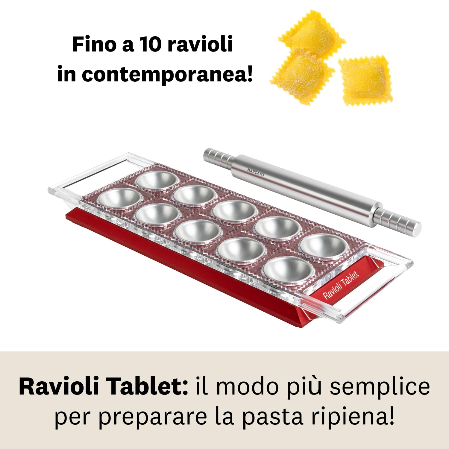 Marcato Ravioli Tablet, Stampo per Ravioli Forme per Ravioli, Powder Rosso, Alluminio Anodizzato, Mattarello Incluso, 20x10x2 cm, Preparazione Facile, Design Elegante