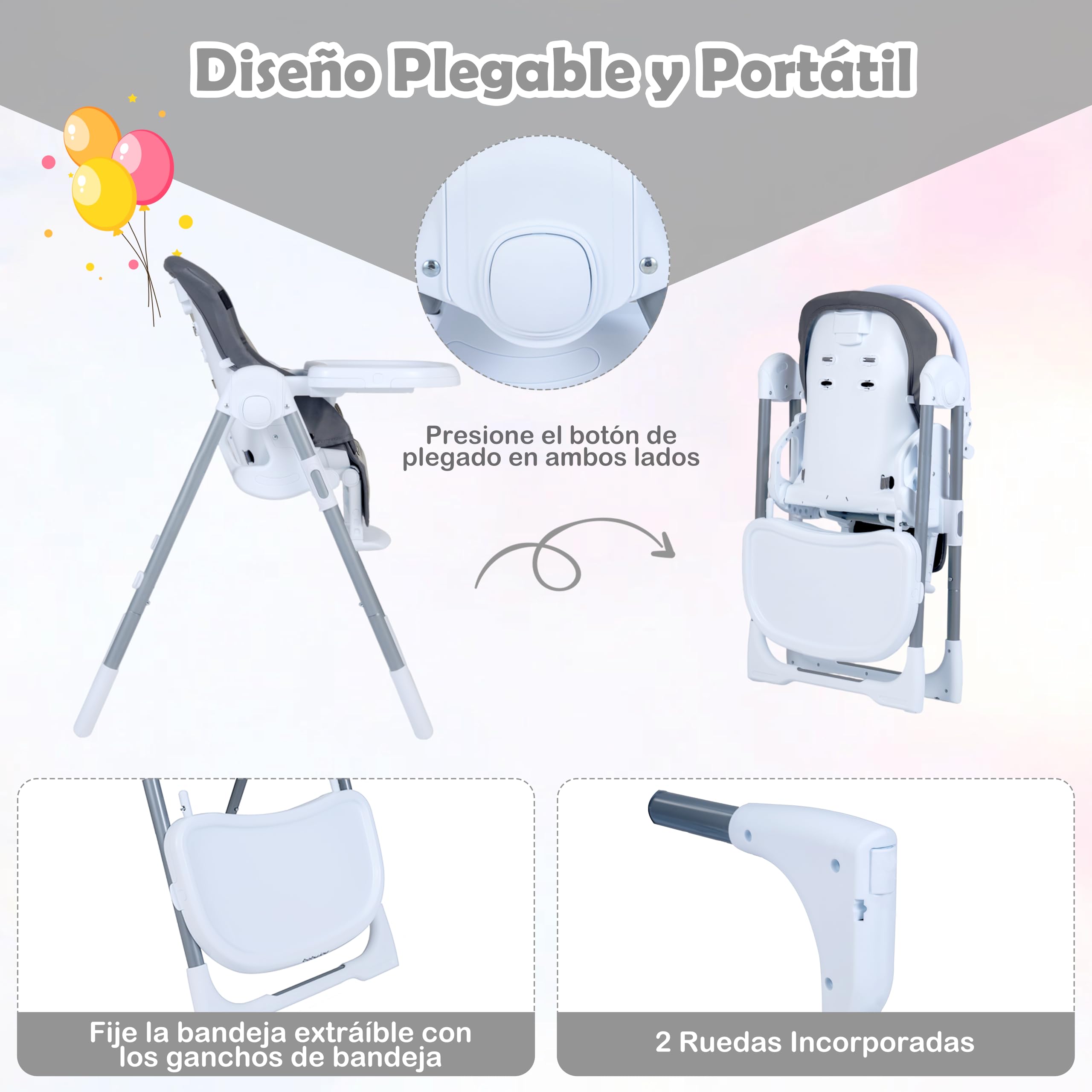 GOPLUS Silla Alta Plegable para Bebés, Trona Convertible para Niños Pequeños con Altura Ajustable, Respaldo, Reposapiés, Bandeja Extraíble y Cojín de Asiento, Silla Portátil con Ruedas (Gris Oscuro)