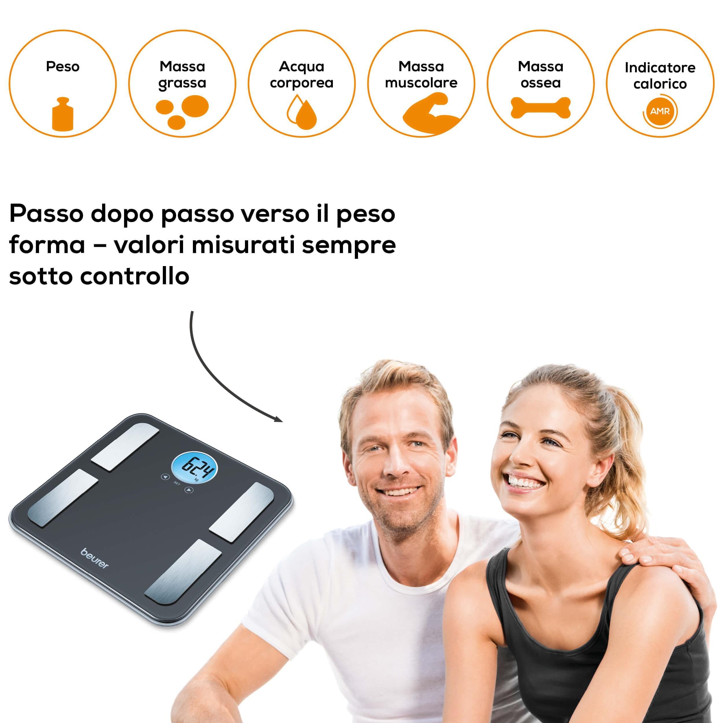 Beurer BF 195 Bilancia Diagnostica in Vetro, con Display LCD Rotondo, adatta per la determinazione del grasso corporeo, della percentuale muscolare e del fabbisogno calorico