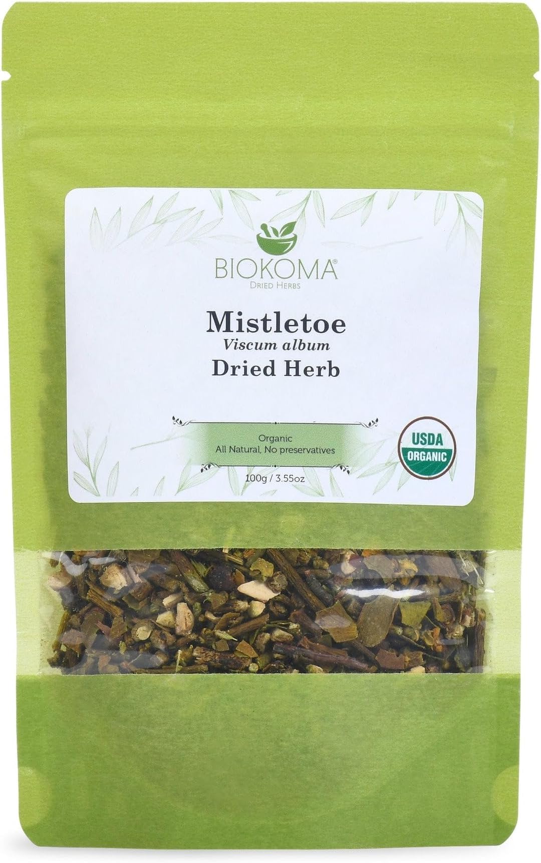 Biokoma Organic Mistletoe Dried Herb 100g 3.55oz Cut & Sifted Viscum Album Herbal Tea Cardiovascular & Nervous System Support Resealable Pouch USDA Organic No Additives No Preservatives No GMO Kosher