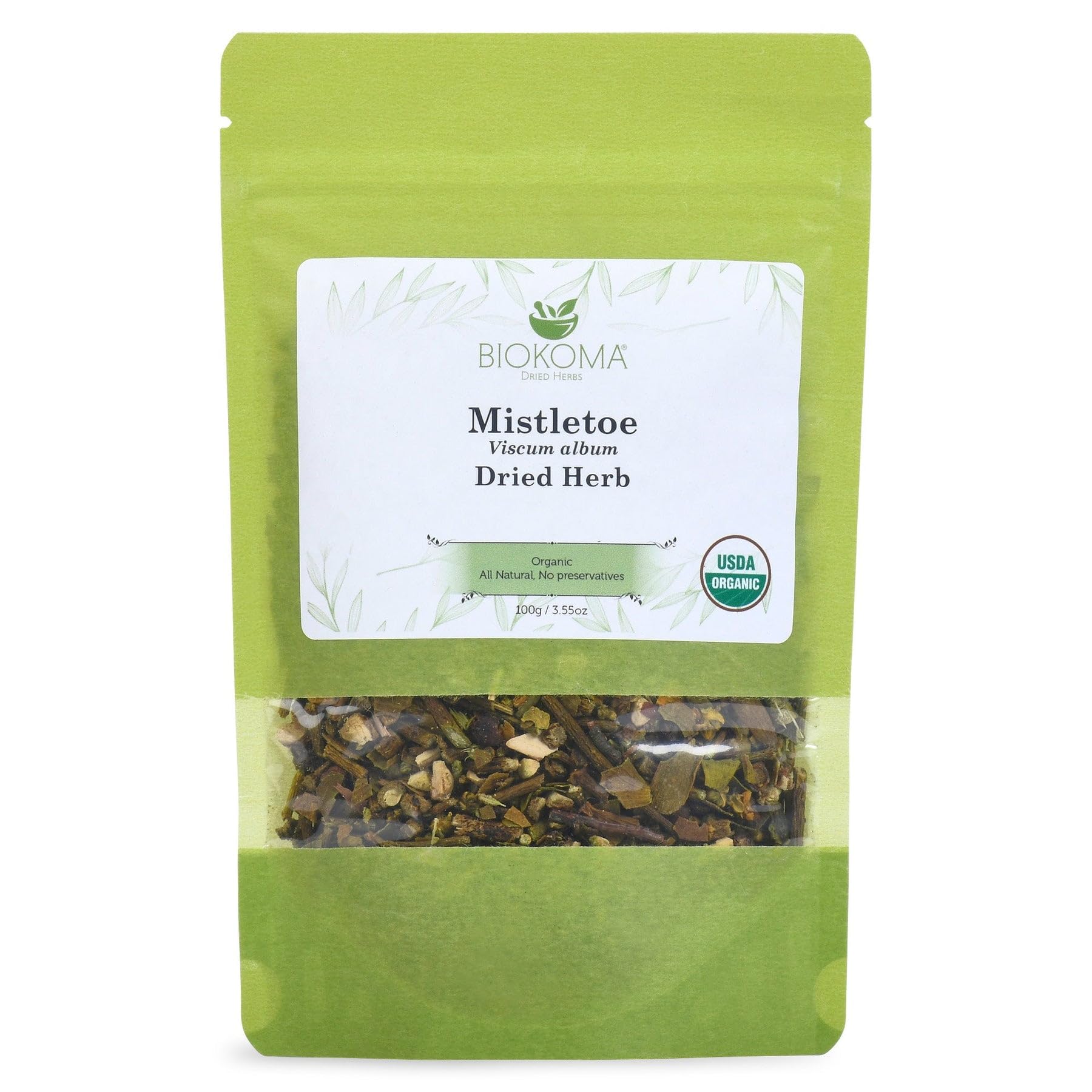 Biokoma Organic Mistletoe Dried Herb 100g (3.55oz) In Resealable Moisture Proof Pouch, USDA Certified Organic - Herbal Tea, No Additives, No Preservatives, No GMO, Kosher