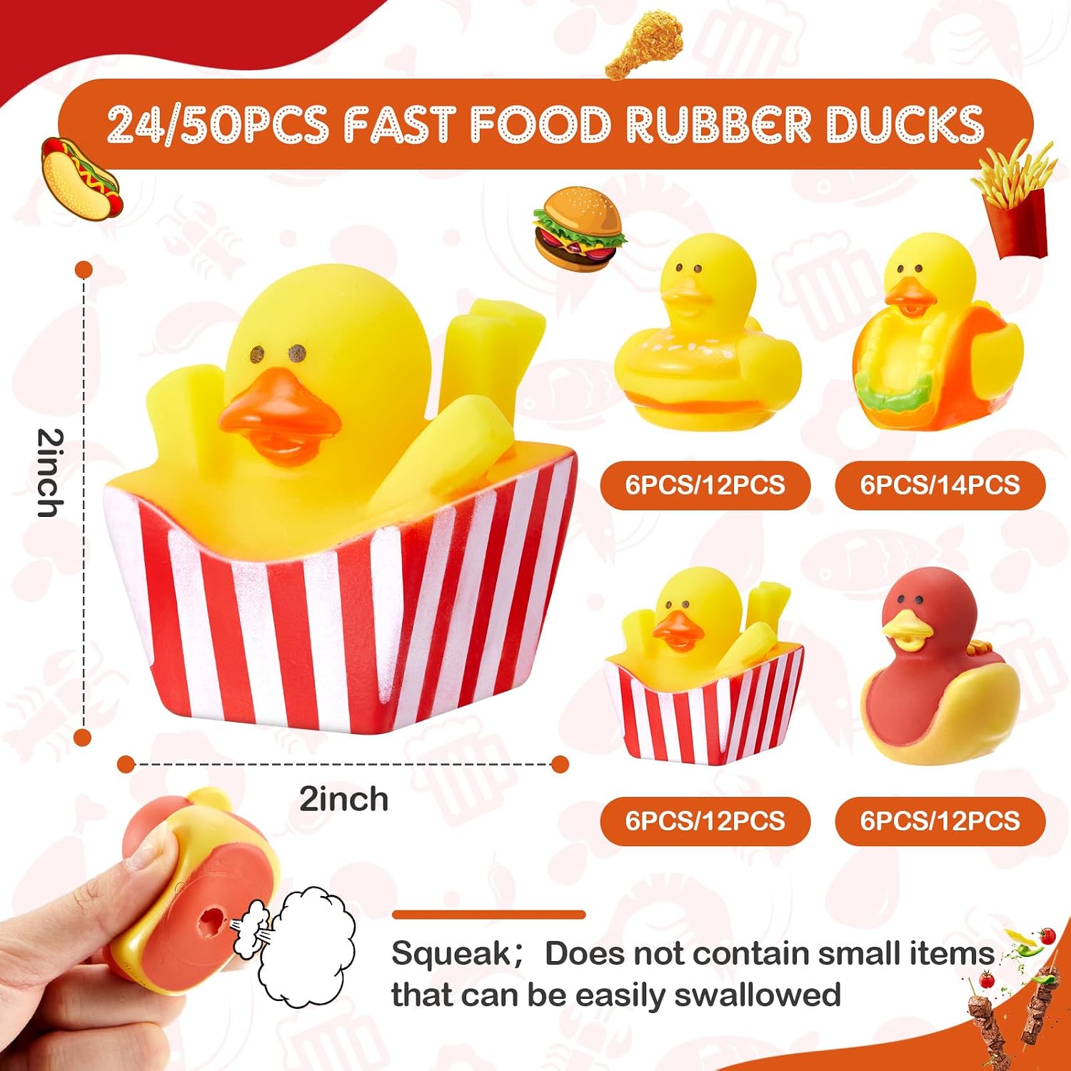 Deekin 24 Pcs Rubber Ducks Bulk 2 Inches Party Favors Assortment Rubber Duckies for Pool Party Decorations Cruise Ships Supplies Carnival Game (Fast Food)