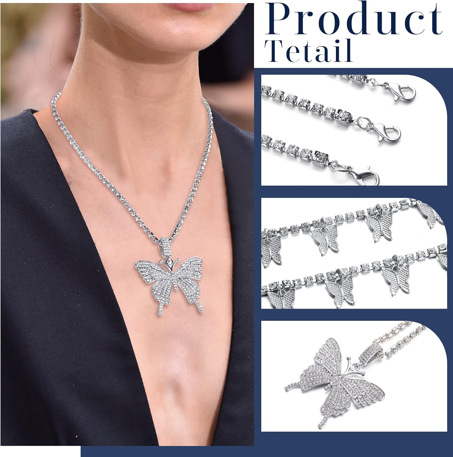 Bonuci 4 Pcs Butterfly Jewelry Set Butterfly Pendant Necklace Hoop Earrings Bracelet Ring Set for Women Prom Dance Party(Silver) - Image 4