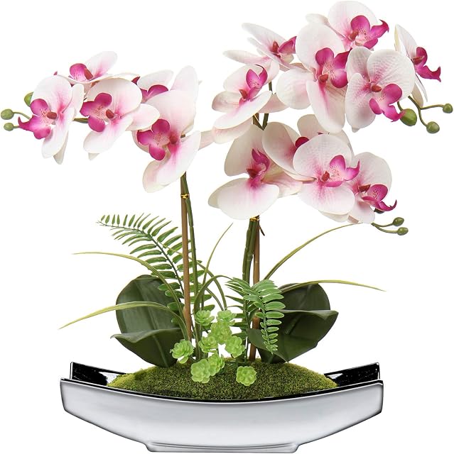 Briful 15" Artificial Phalaenopsis Flowers Arrangement Artificial Orchid Bonsai in Silver Pot Fake Flowers Silk Orchid Flower for Table Centerpieces Living Room Home Décor