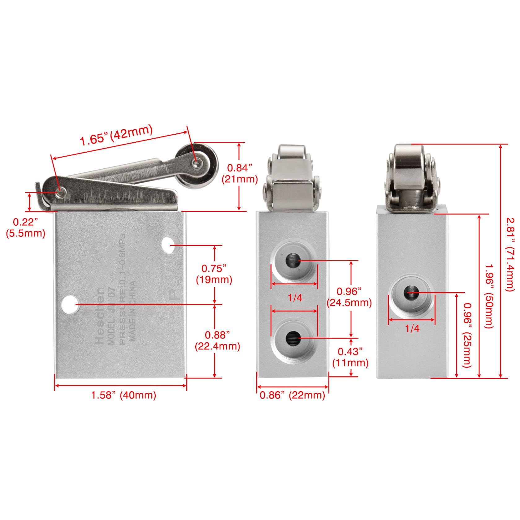 Valve Pneumatique Momentanée Rouge Heschen JM-06A - 3 Voies 2 Positions, PT1/4'', Normalement Fermée, Idéale Pour Contrôle Air