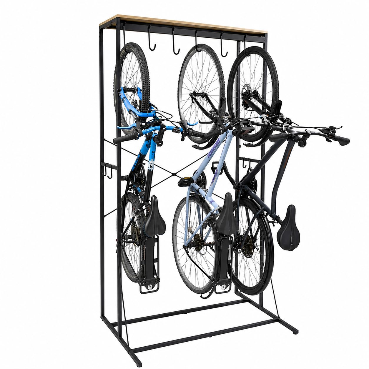 Box and beyond - Uchwyt rowerowy Koro - 116,5 x 75 x 208 cm - Czarny metal - 6 haczyków - Do 6 rowerów górskich, MTB, stojak rowerowy, uchwyt rowerowy - bez wiercenia - garaż, wejście, korytarz - styl