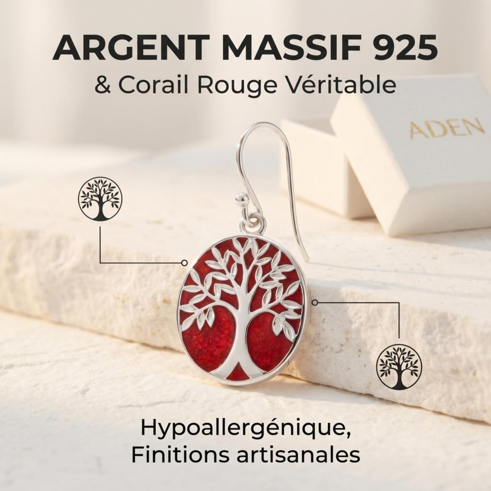 Aden Boucles Oreilles Argent 925 Corail Rouge Arbre Vie Ovale Crochet