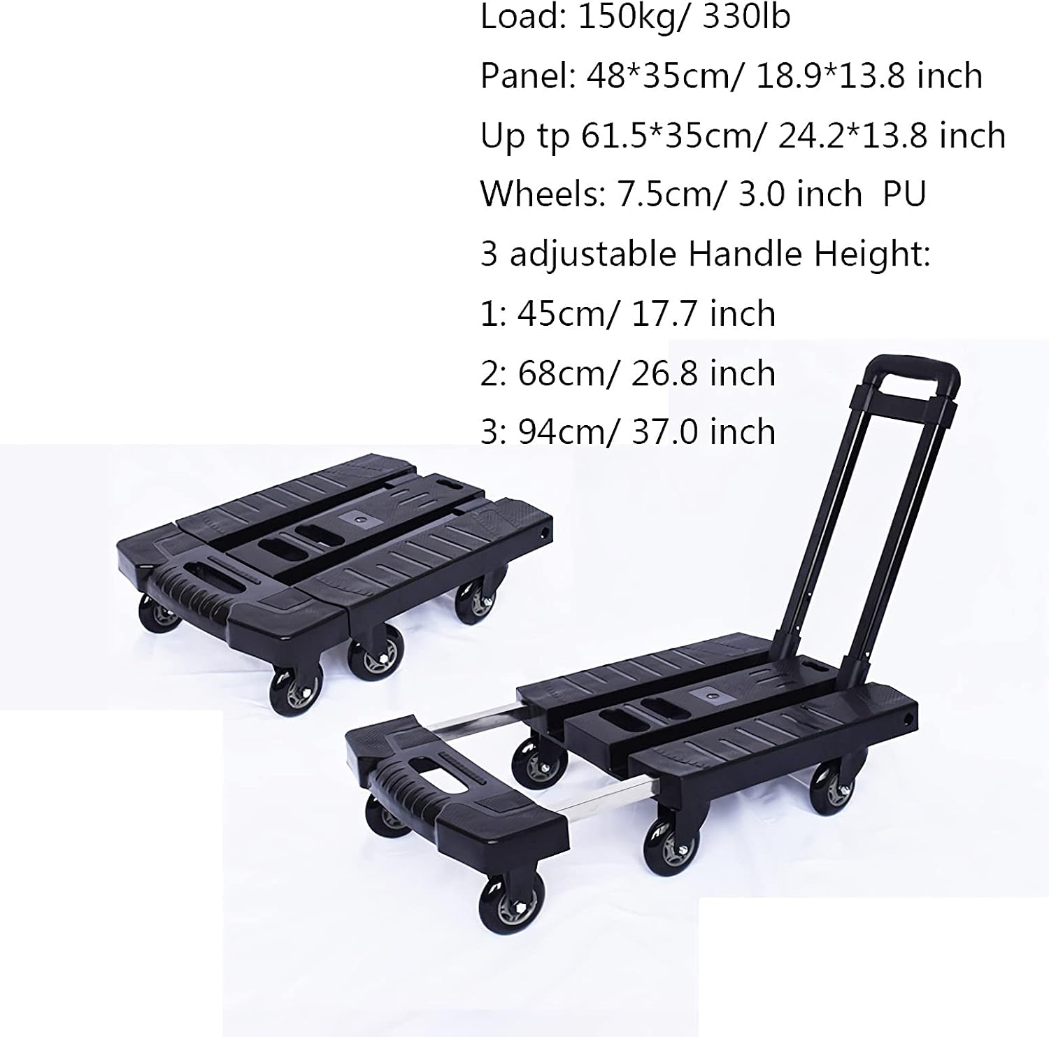 Platform Truck Cart Folding Hand Truck 6 Wheels Small Trolley Cart with Stretchable Handle for Home Office Travel Luggage Moving 330lbs Weight Capacity Push Cart Dolly (
