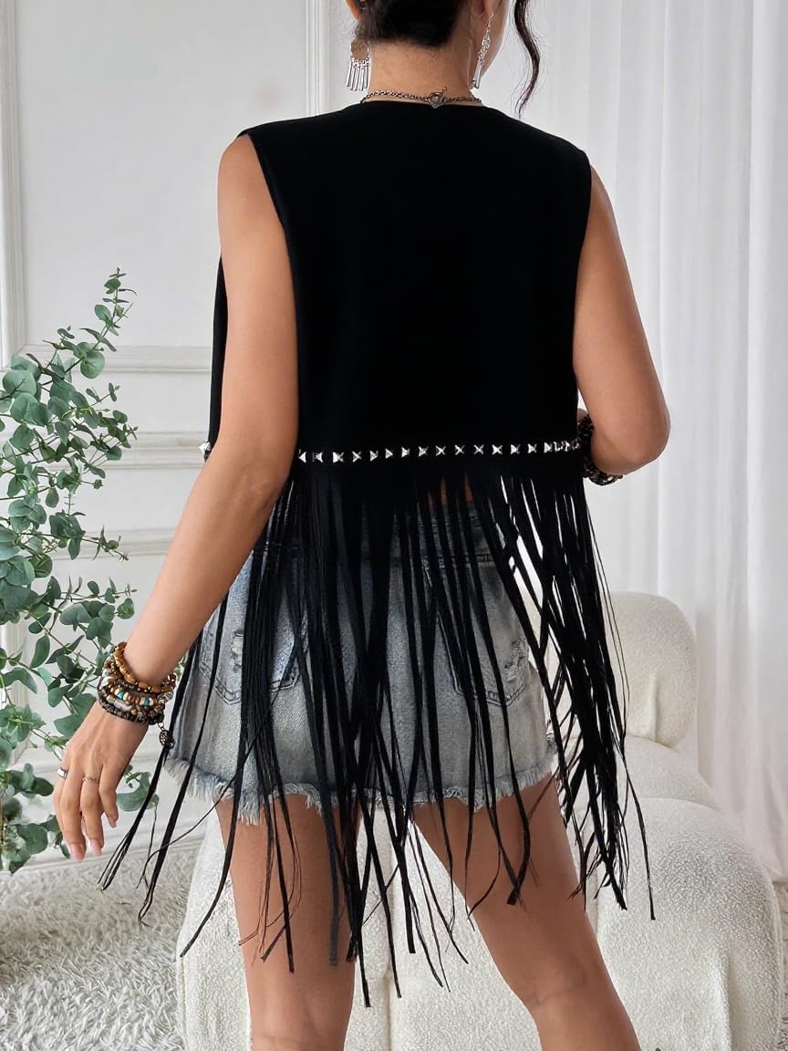 HYTENSUN Women's Fringe Vest 60s 70s Hippie Vest Sleeveless Cowgirl Western Faux Suede Tassel Leather Jacket Hippie Party - Image 2