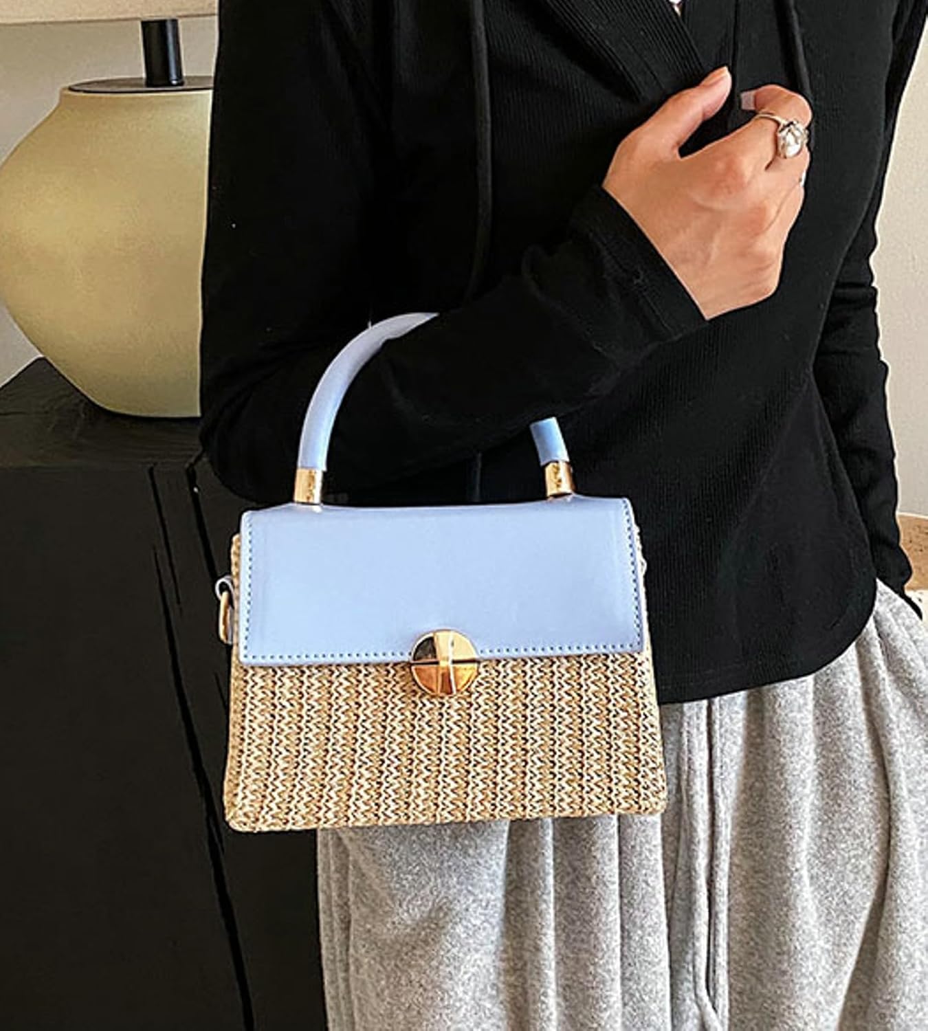 Summer Woven Straw Crossbody Bag Women PU Leather Flap Box Purse Mini Satchel Travel Beach Satchel Handbag