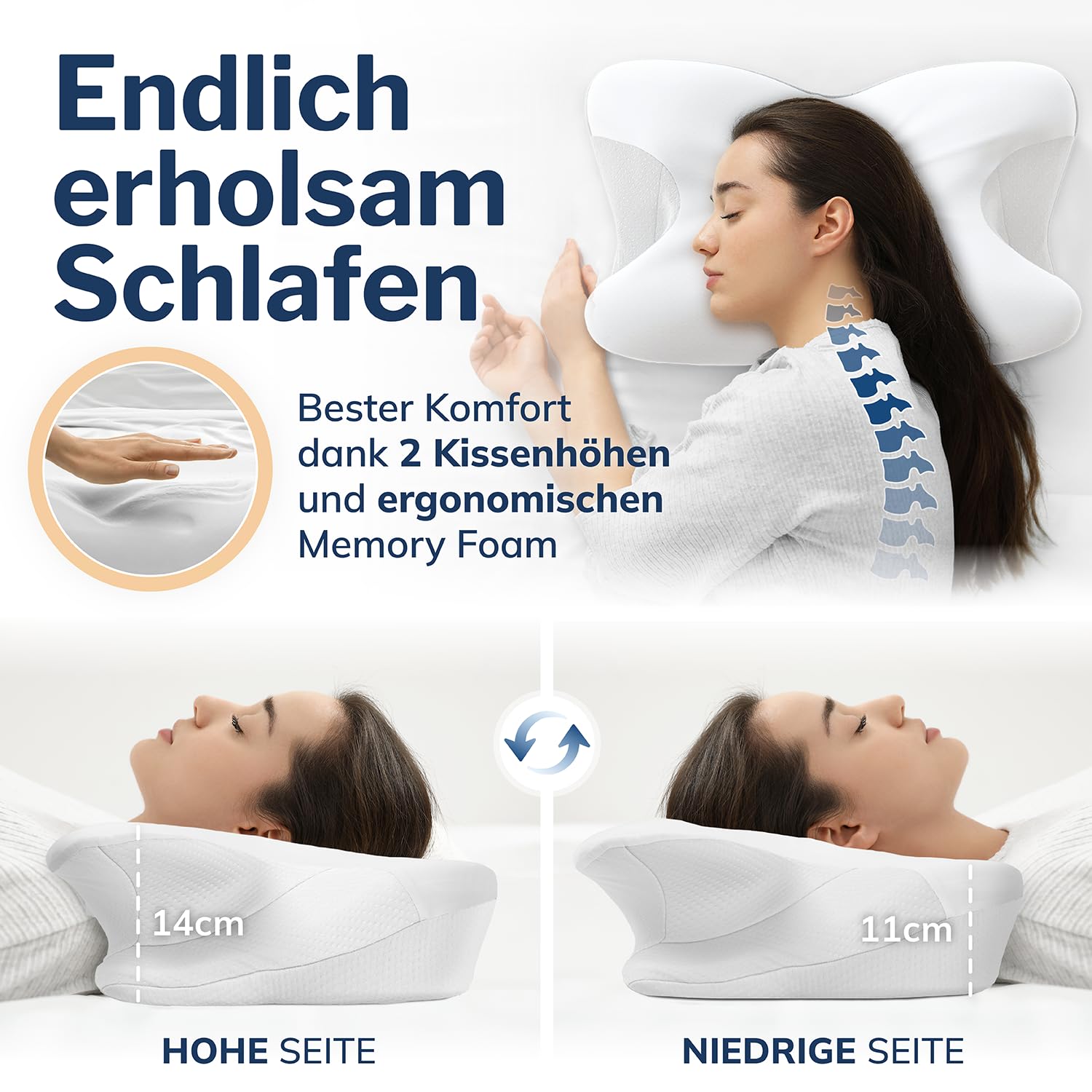 CALMONT - Orthopädisches Kissen für alle Schlaftypen I Nackenstützkissen für erholsamen Schlaf I Memory Foam Kissen für ideale Anpassung I Kopfkissen Nackenschmerzen ergonomisches Kopfkissen (Weiß)