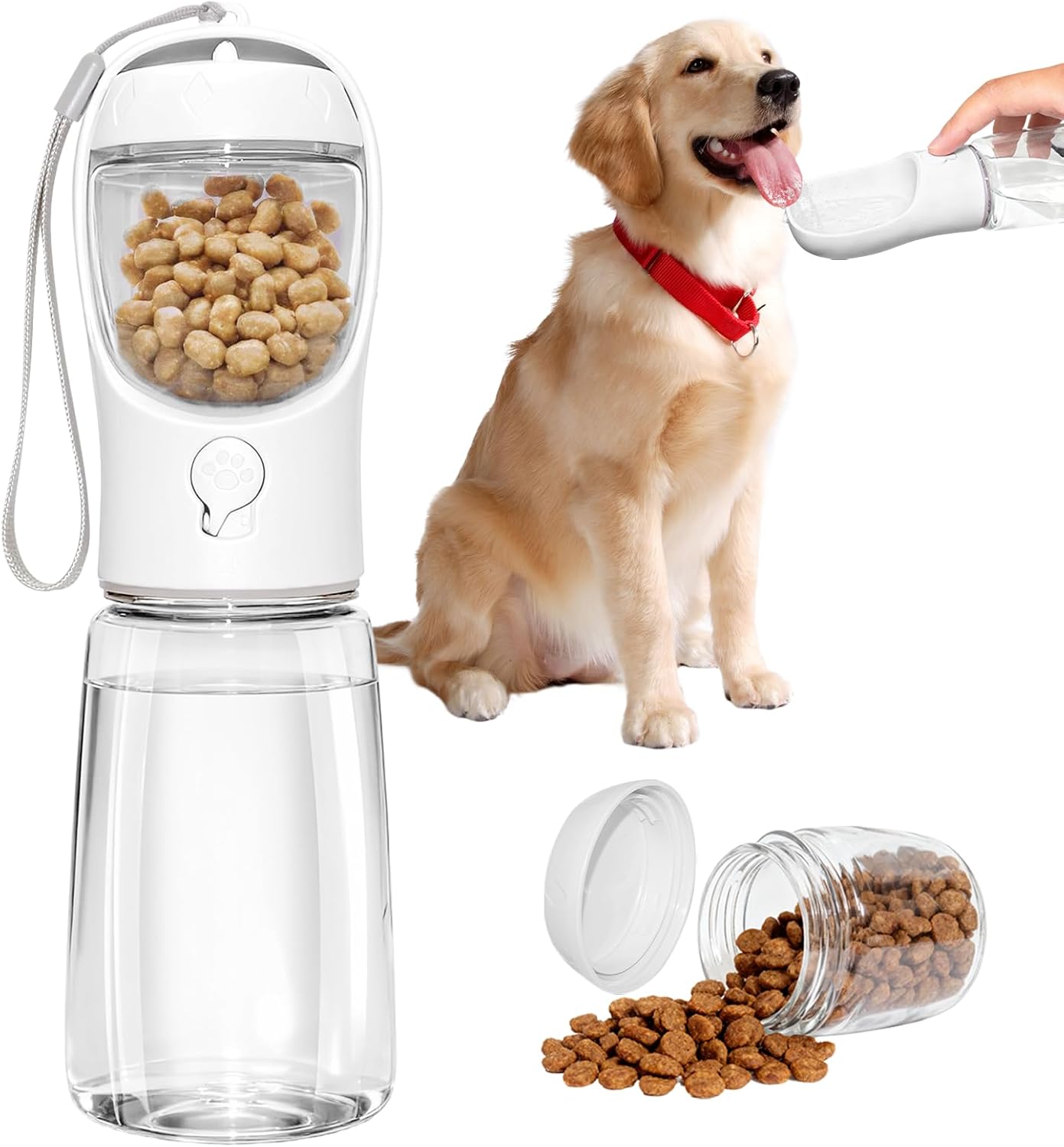 Dog Water Bottle with Food Container - Portable Dog Water Dispenser & Bowl Leak Proof Dishwasher Safe BPA Free, for Pet Cat Puppy Outdoor Walking Hiking Travel, Dogs Accessories (White 550ml)