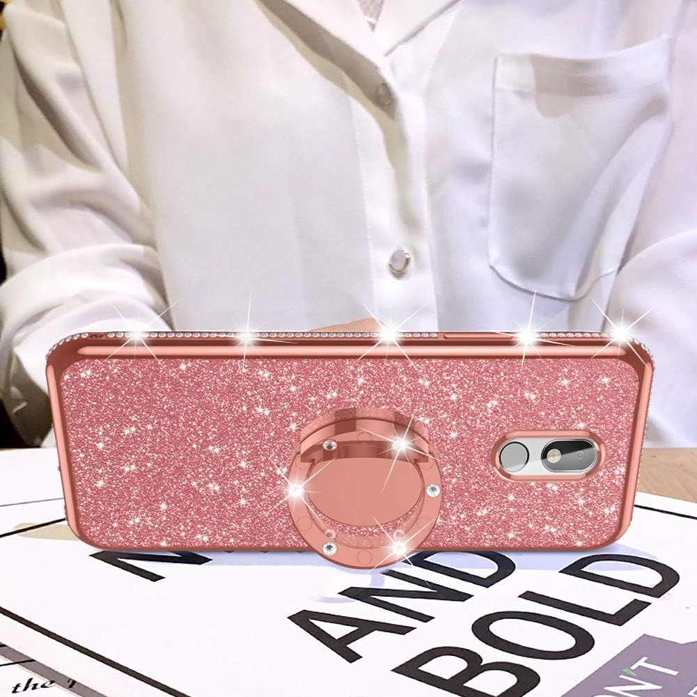 nancheng for LG Stylo 5 Case,Stylo 5 Plus/Stylus 5/LG Stylo 5V/LG Stylo 5X Case,Glitter Luxury Bling Diamond Rhinestone with Ring Grip Kickstand Thin Girly Cute for Stylo 5 Case for Women-Rose Gold