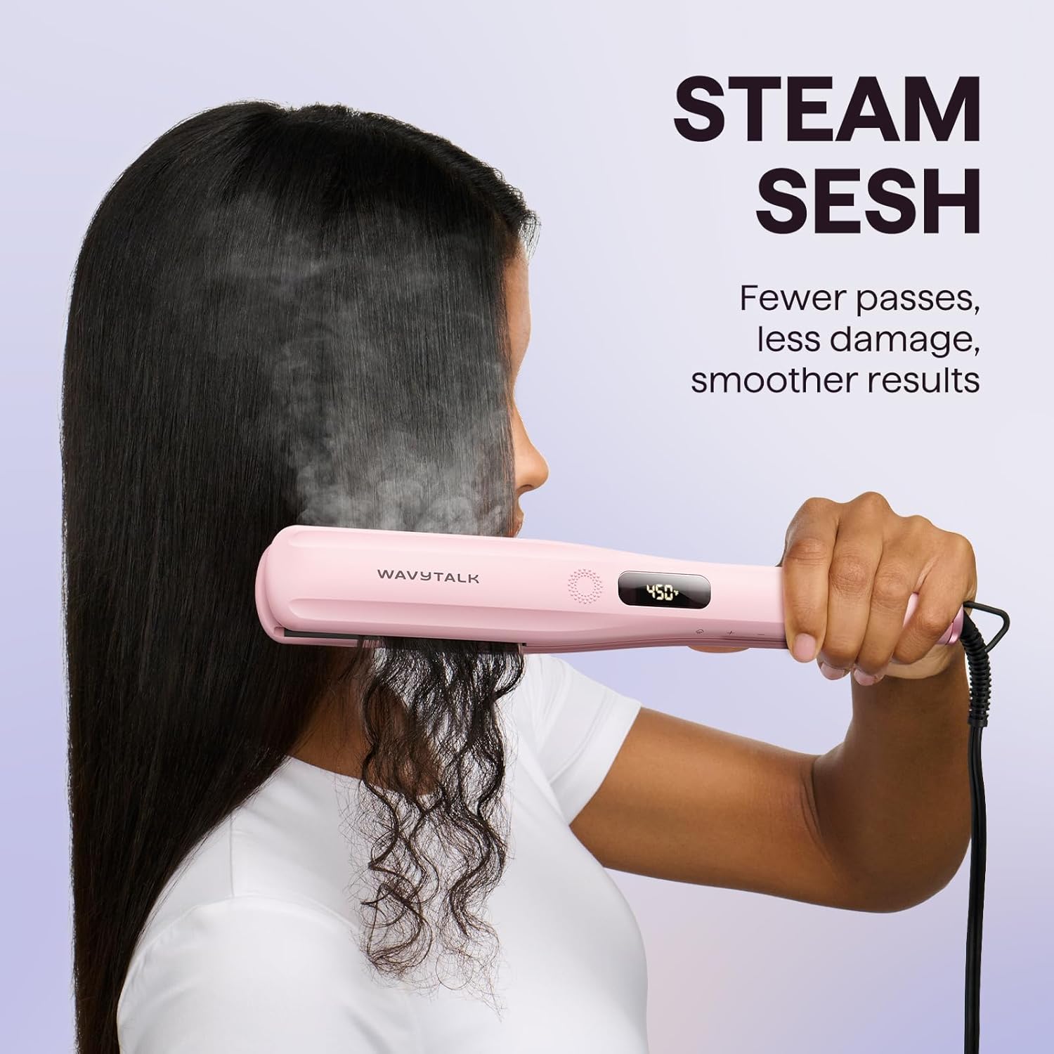 Wavytalk Steam Hair Straightener, Steam Sesh, Steam Reduces Damage, Nourishes Hair & Expedites Straightening, 1.38'' Nano Titanium Flat Iron with Detachable Comb for Silk Press Smoothing, Sakura Pink - Image 2