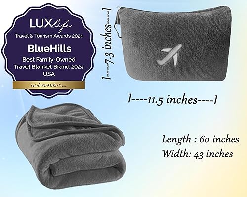 Miniatura 3 de BlueHills Manta de viaje en mini funda suave de felpa de alta calidad, bolsa suave de avión, paquete compacto con cinturón de equipaje y clip para