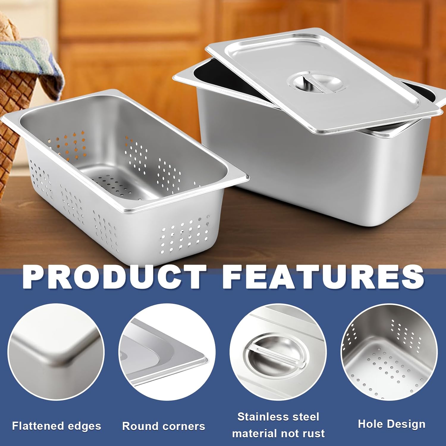 Mifoci 6 Pcs 1/3 Size Full Size Hotel Pan with Lid Set Include 2 Stainless Steel Pan, 2 Perforated Steamer and 2 Steam Table Pot Cover for Restaurant Kitchen Supplies