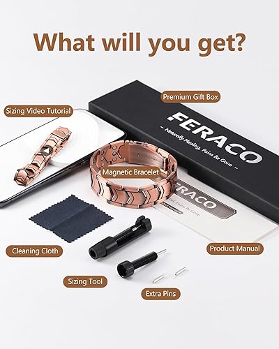 Miniatura 8 de Feraco Pulsera de cobre para hombres 3 veces más fuerza, pulsera de terapia magnética de cobre con potentes imanes de 3800 Gauss, cierre plegable de