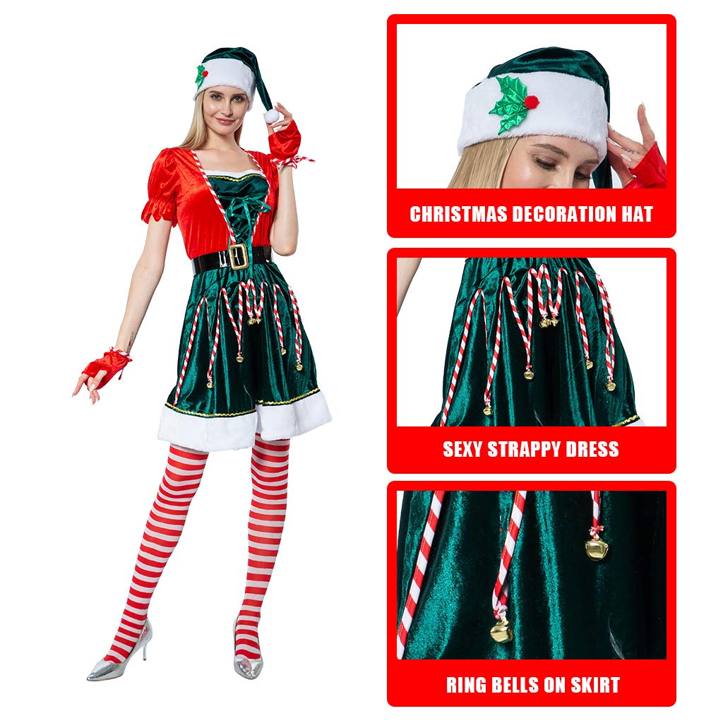 EraSpooky Damen Weihnachten Elfe Kostüm Faschingskostüme Cosplay Party Karneval Fastnacht Kleid für Erwachsene