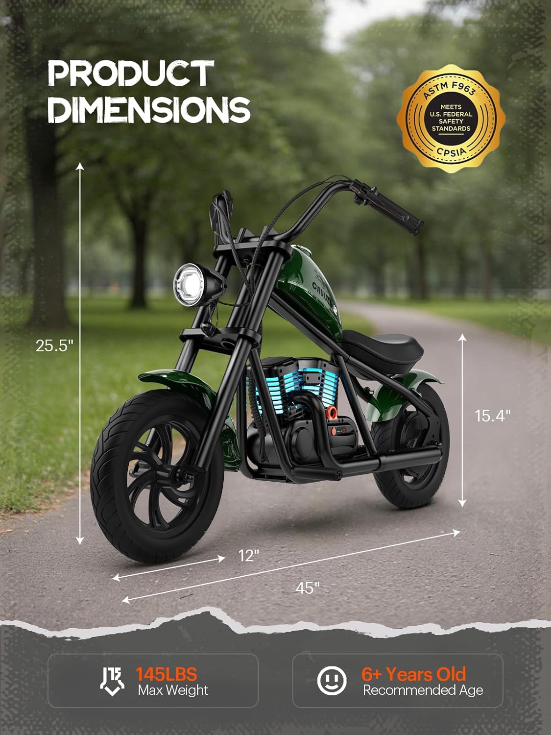 Diagram illustrating the product dimensions of the HYPER GOGO Cruiser 12 Plus electric motorbike, showing length, height, and wheel size.