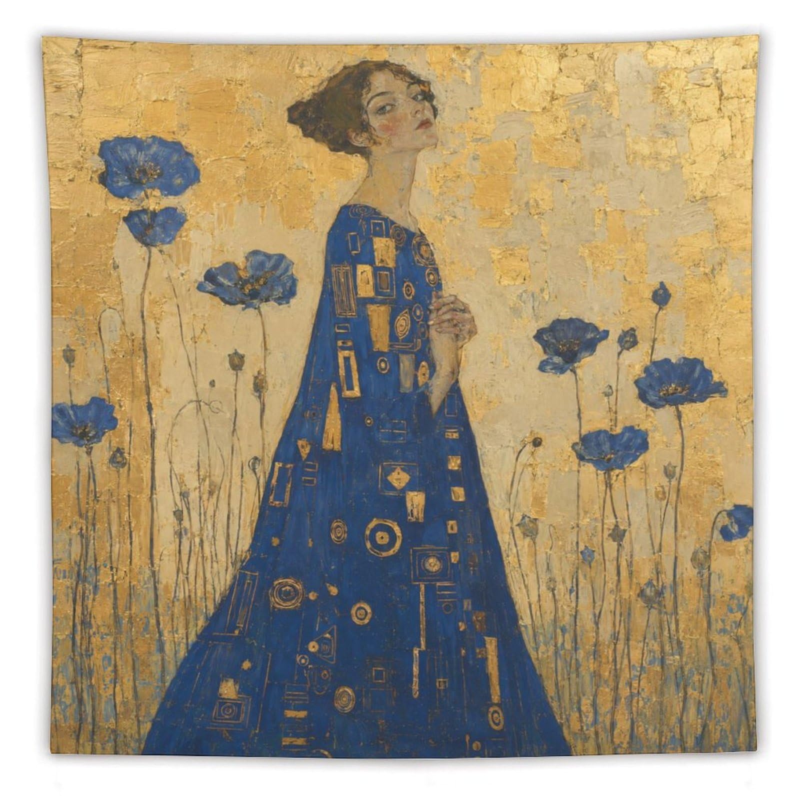 W7C8U2X3 Woman in Blue Floral Dress Wall Tapestry, Art Nouveau, Art Nouveau