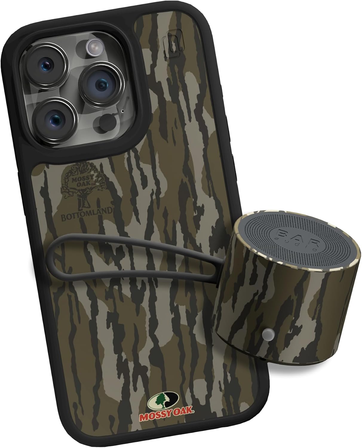 cellhelmet Ultimate Mossy Oak iPhone 15 Pro Case Mini Speaker Bundle in Bottomland Camo