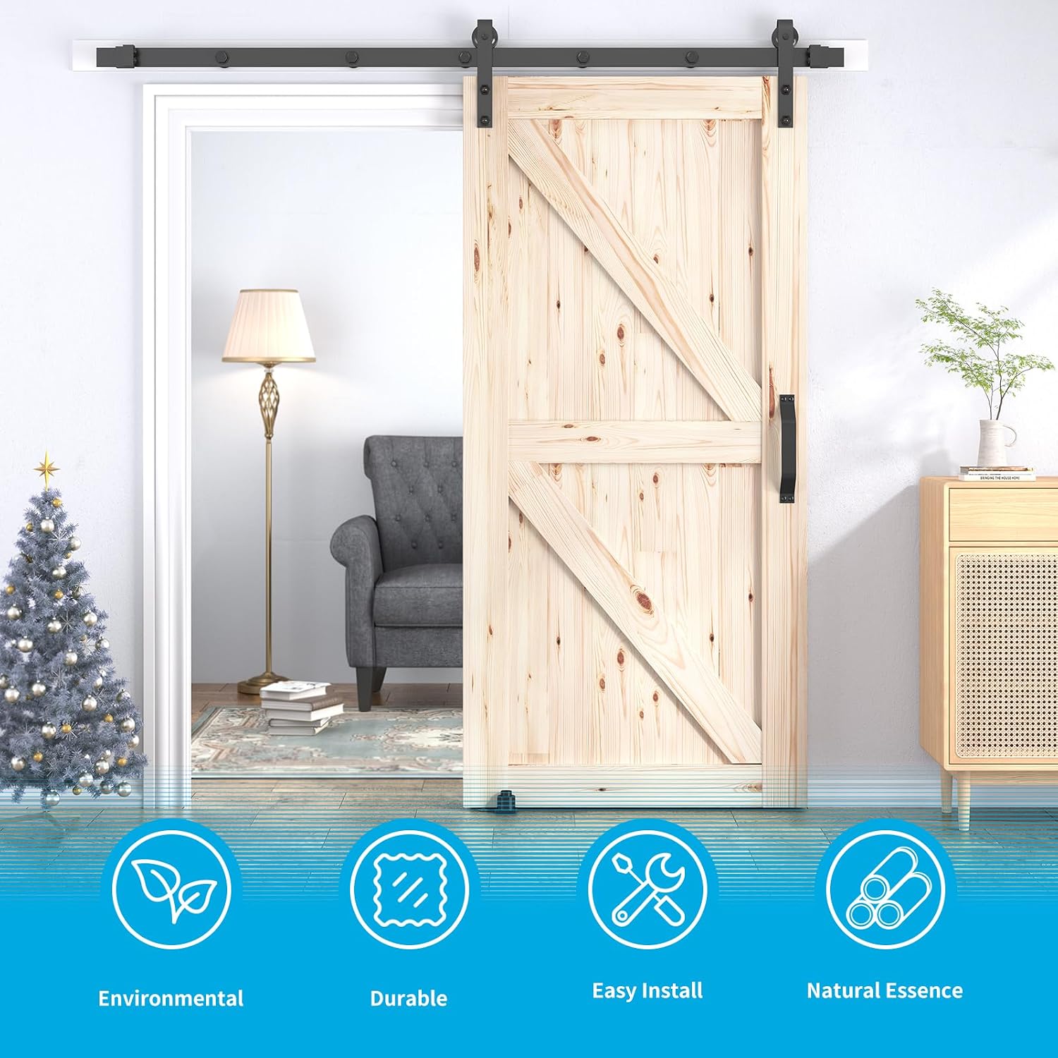 36In x 84In Barn Sliding Door with 6.6FT Barn Door Hardware Kit, Barn Doors and Hardware Included for Interior Rooms & Closets, A Simple Assembly is Required (N-Frame, Natural)