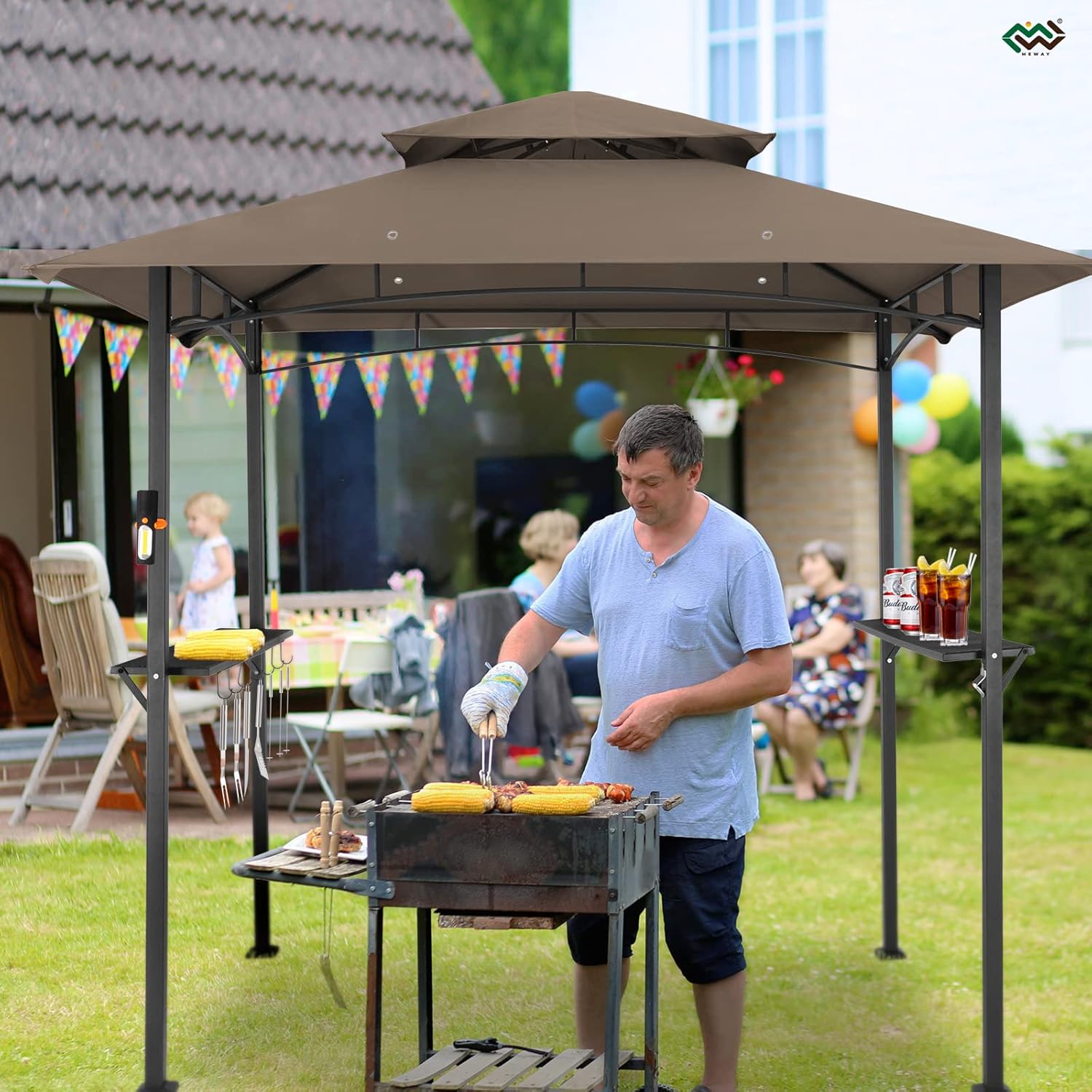 MEWAY 8x5 Grill Gazebo 2-Tiered Outdoor BBQ Canopy Tent, Brown