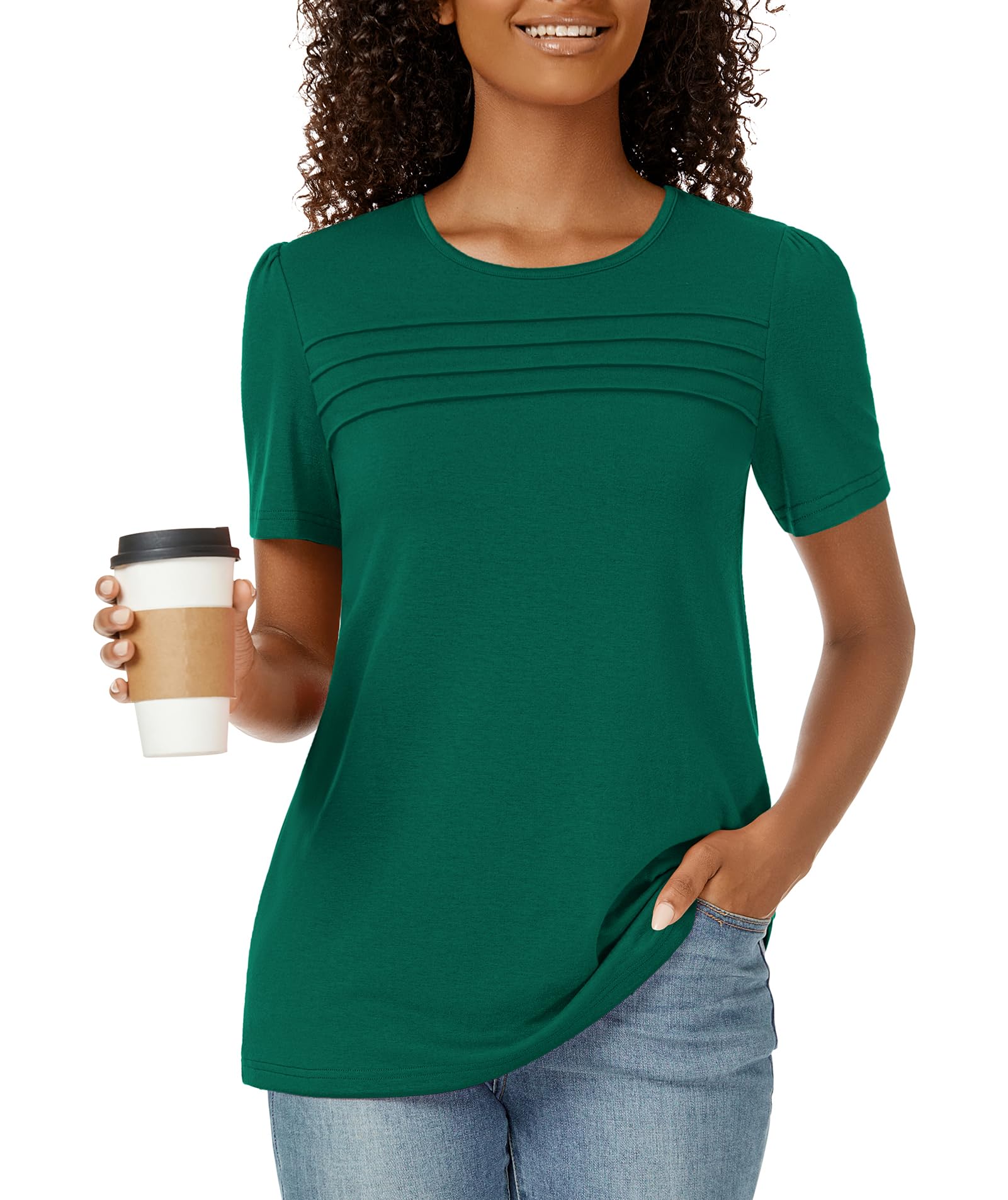 Funlingo Summer T Shirts for Women 2025 Short Sleeve Tops Crewneck Pleated Front Cotton Blouse Loose Fit Dressy Casual Tee