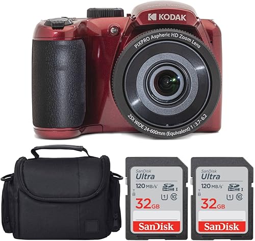 Kodak PIXPRO AZ255 Cámara digital + tarjeta de memoria SanDisk de 32 GB (2) + cámara digitalestuche de video (rojo)
