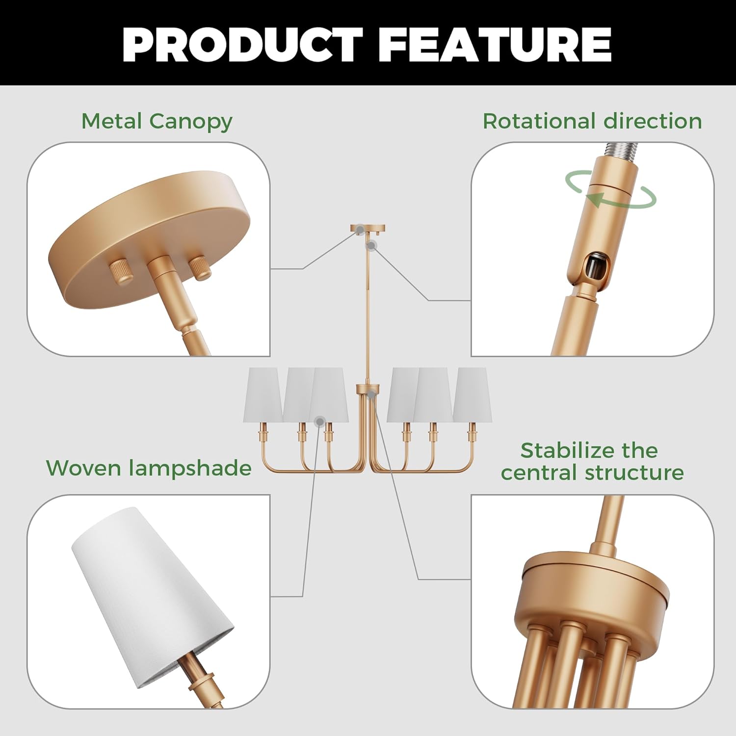 DORESshop 6-Light Chandelier for Dining Room Light Fixture Over Table, 33.86" Modern Muted Gold Chandelier with White Fabric Shade, Adjustable Hanging Light Fixture for Kitchen Dining Room