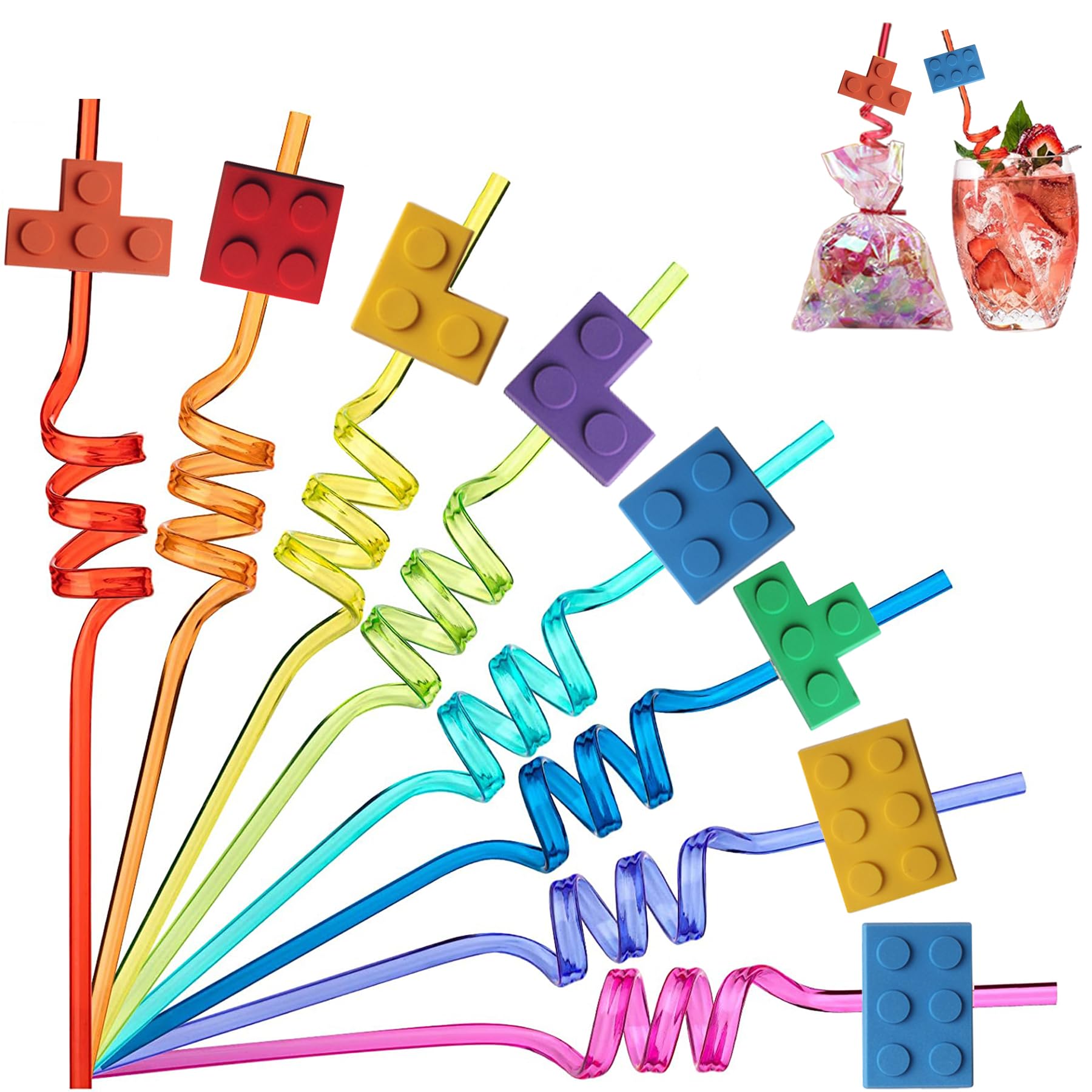 Pack of 16 building blocks children's birthday party decoration, reusable drinking bow straws, birthday party bags, ego souvenir children's birthday party