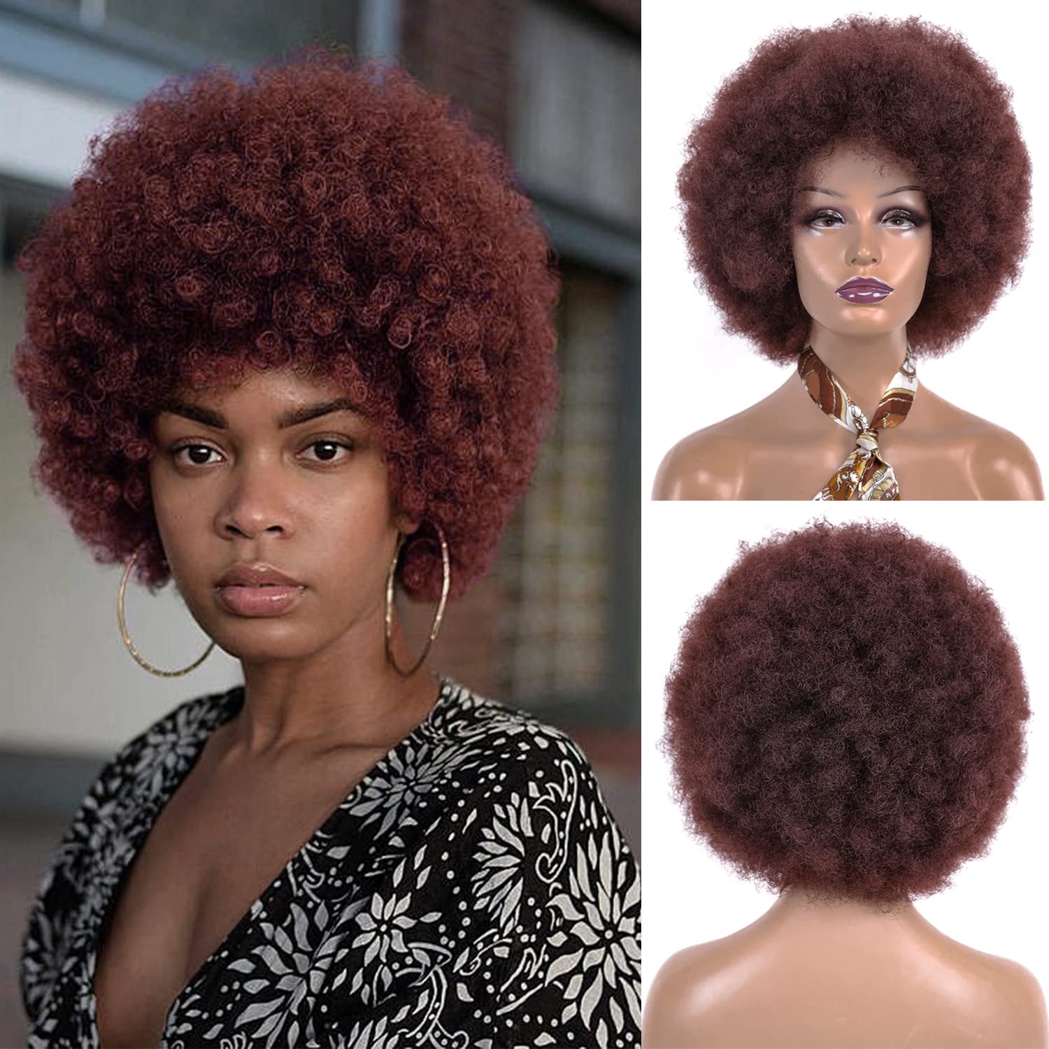 Sheila BeautyAfro Wigs for Black Women Short Curly Wig with Bangs Afro Wig Fluffy and Soft Natural Looking High Temperature Fiber Synthetic Wig for Women (6 inch,33#/dark brown)