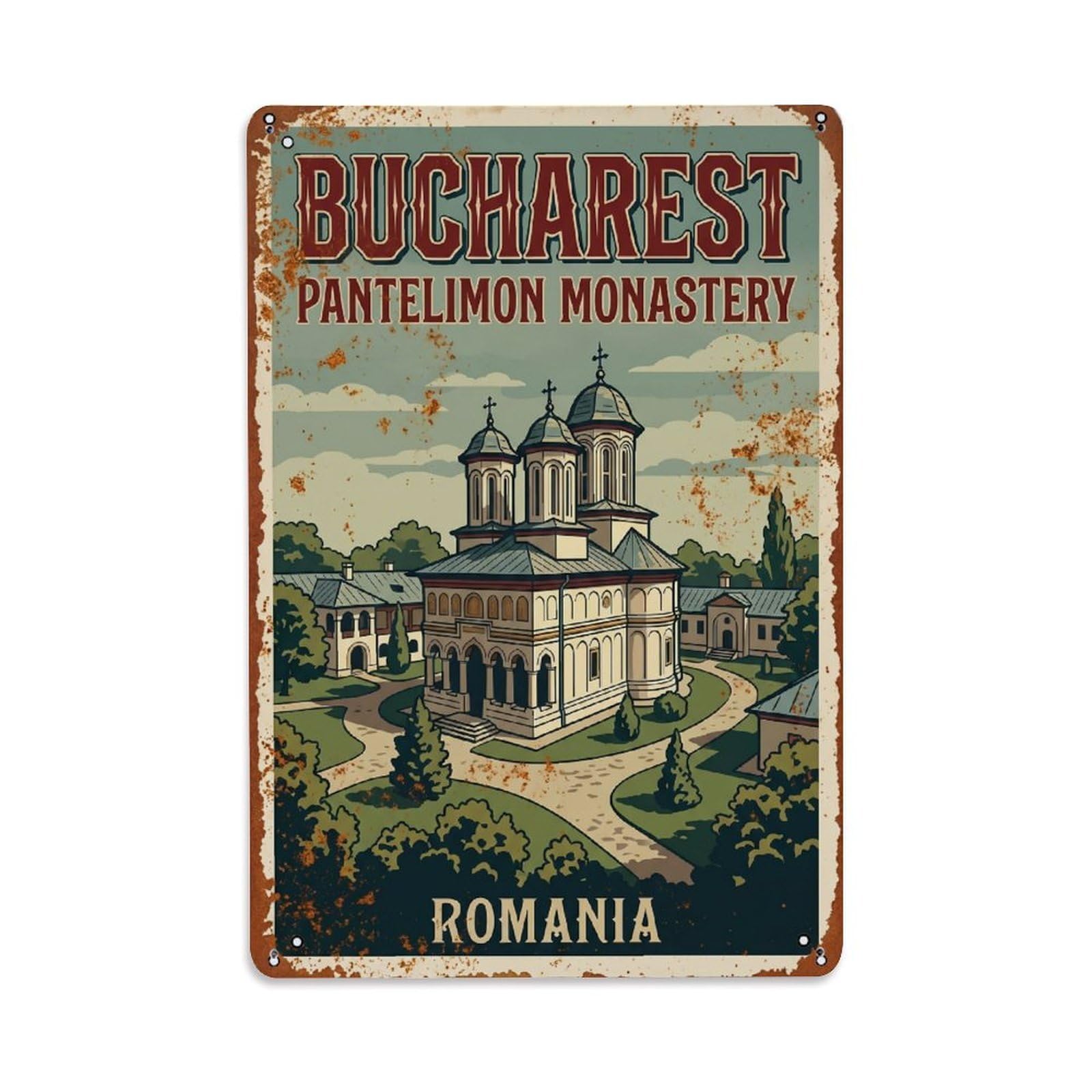 Vintage Travel Bucharest Pantelimon Monastery Church Romania Metal Tin Sign Plaque Wall Decor for Cafe, Club Bar, Office, Home Garden Metal Poster 8x12Inch