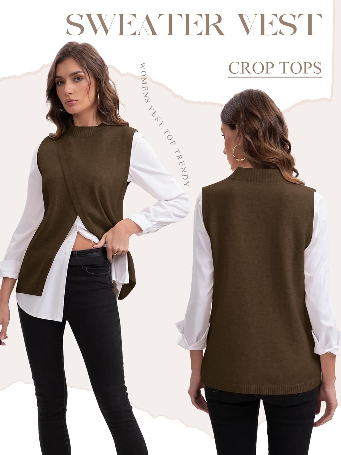 Women's Sweater Vest, Trendy Split Front Vest Top Y2k Sleeveless Mock Neck Pullover Sweater Knit Layering Outfits - Image 5