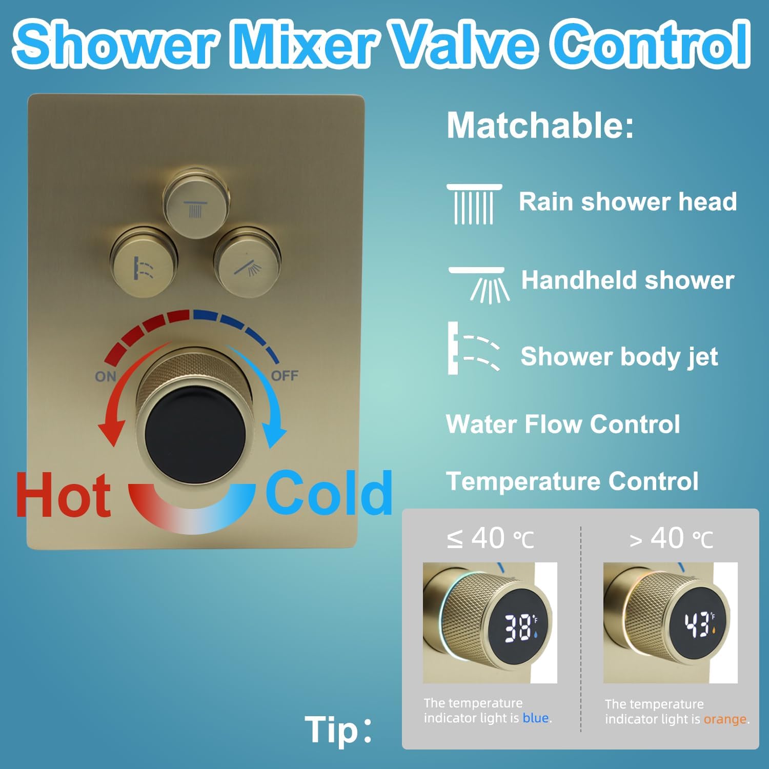 Digital Display Shower Valve Shower Valve 3 Way Shower Diverter Valve Shower Mixing Valve Can Use All the Time Brushed Gold