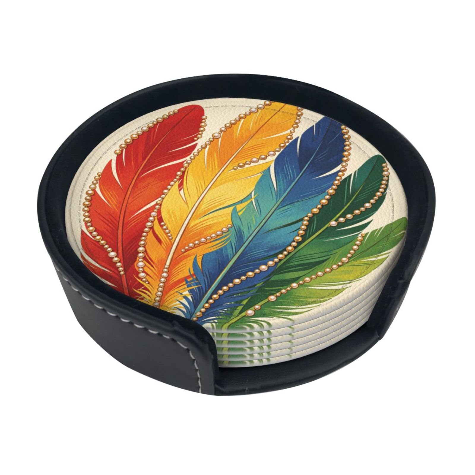 Feather Layer Leather Coasters-Set of 6 with Storage Holder