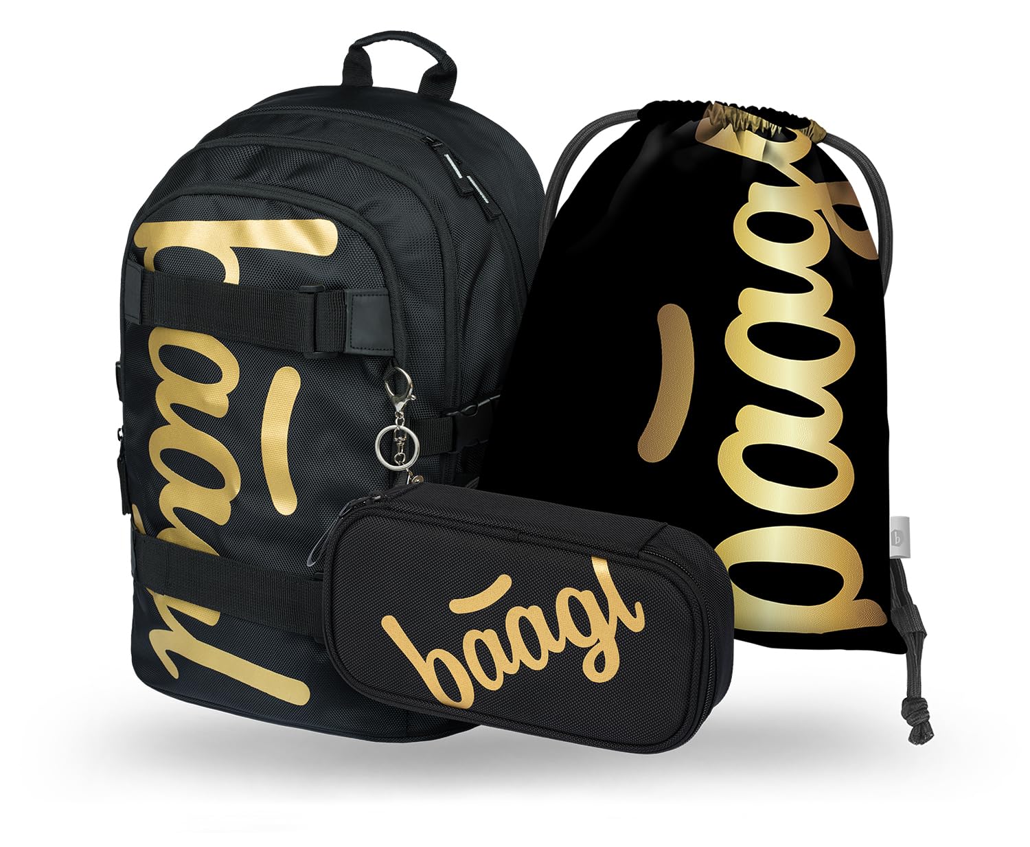 Baagl Juego de mochila escolar para niñas y niños, 3 piezas, mochila escolar a partir de 3ª clase, mochila escolar con correa para el pecho, mochila ergonómica (Skate Gold), Skate Gold