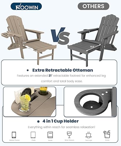 Miniatura 5 de FOOWIN Silla Adirondack plegable ajustable con otomana retráctil, silla Adirondack de polietileno de alta densidad con bandejas 4 en 1, resistente a