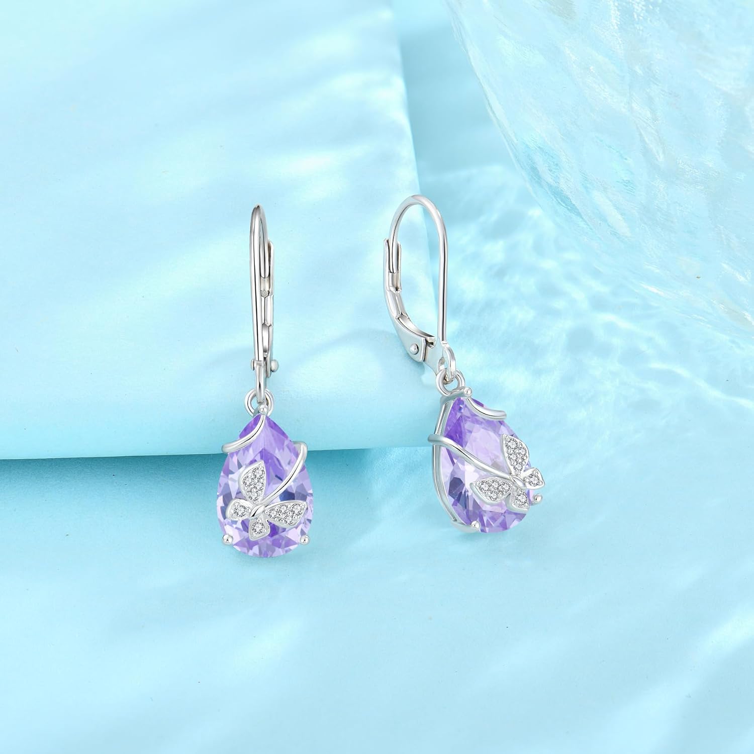Butterfly Drop Dangle Earrings 925 Sterling Silver Teardrop Leverback Earrings Birthstone Jewelry for Women - Image 4
