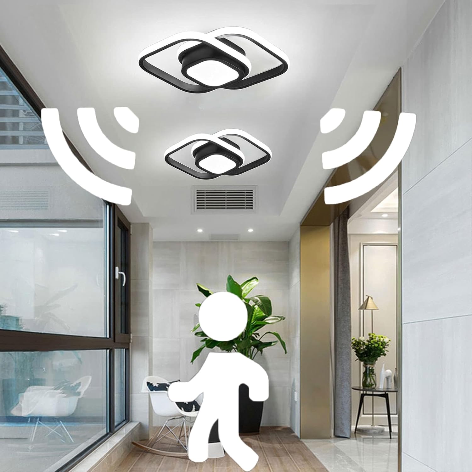 Motion Sensor LED Ceiling Light Indoor, 36W Cool White Mount Motion Activated Light Fixture Modern Flush Mount Ceiling lamp for Closet Laundry Bathroom Hallway Stair Porch Basement. (Square)