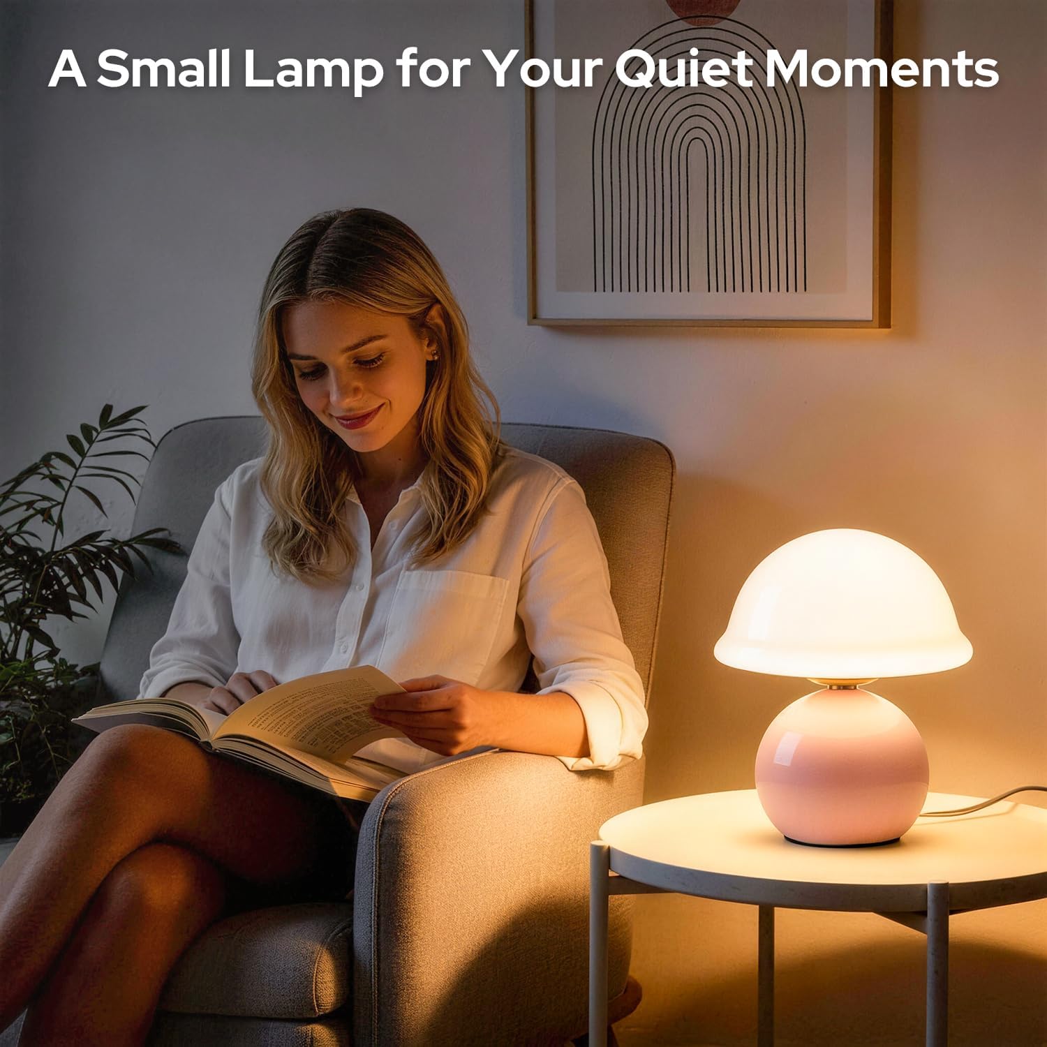 Mushroom Table Lamp for Bedroom, Cozy Bedside Lamp with Glass Shade, Stepless Dimmable Nightstand Lamp for Relaxing Bedroom Decor & Aesthetic Home (Pink)