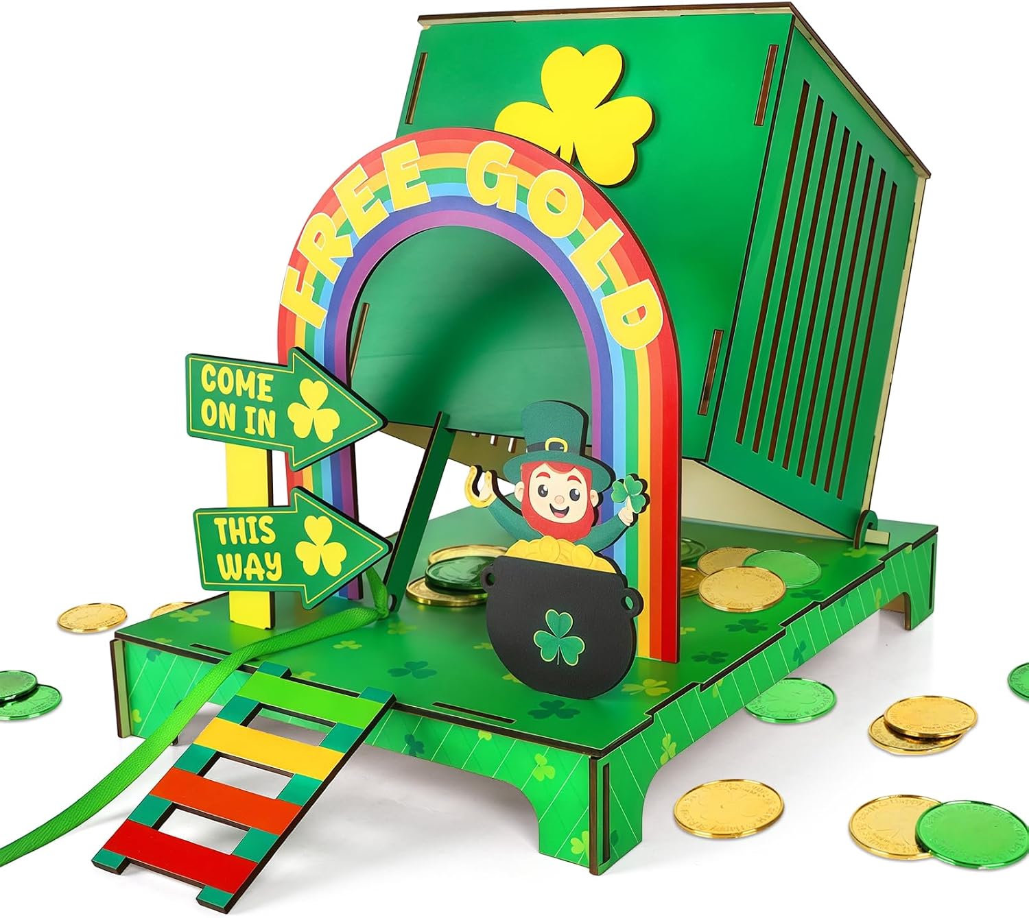 Sereliy Leprechaun Trap Kit, Wood DIY St Patrick’s Day Leprechaun Trap Craft Kit with Rainbow, Gold Coins & Shamrocks, Easy Assemble Classroom & Party Activity