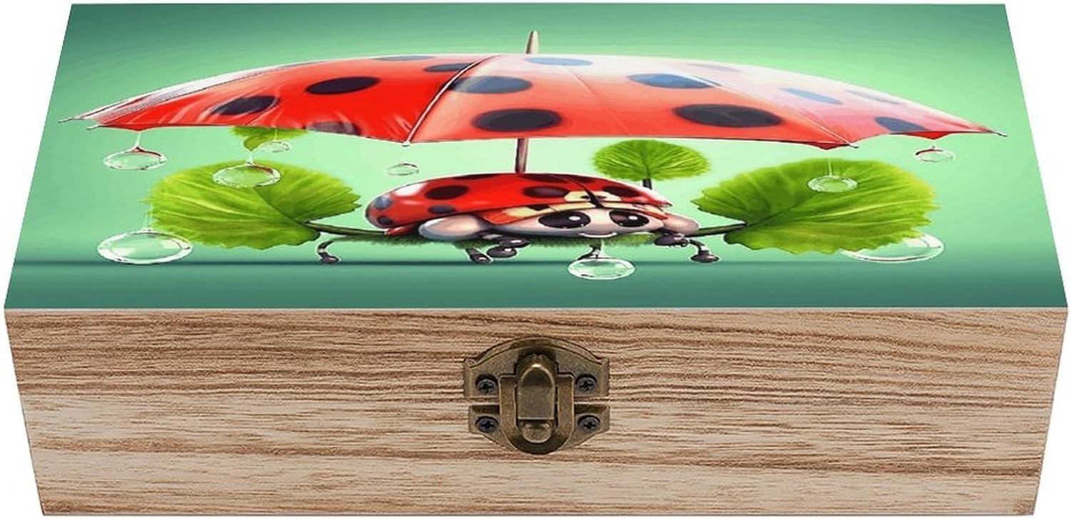 Funny Ladybug Holding Umbrellas Wooden Box Sturdy Vintage Storage Box with Hinged Lid Exquisite Wood Keepsake Boxes Large Jewelry Case Cute Trinket Holder Unique Gift for Men Women