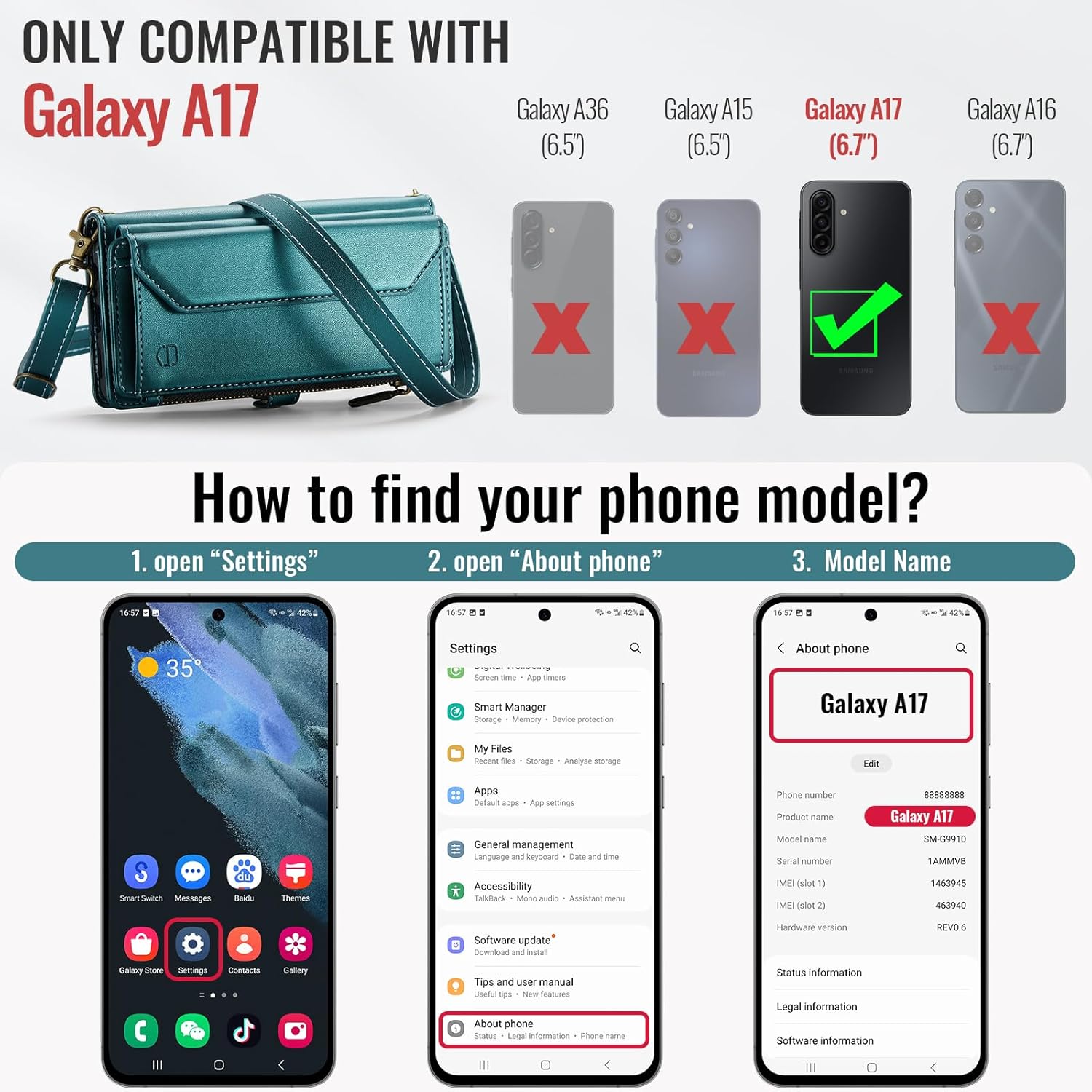 Strapurs Wallet Case Compatible with Samsung Galaxy A17 5G RFID Blocking Card Holder Soft PU Leather Magnetic Snap Shoulder Strap Zipper Pocket Phone Case Fit for Galaxy A17 6.7" - Bluegreen