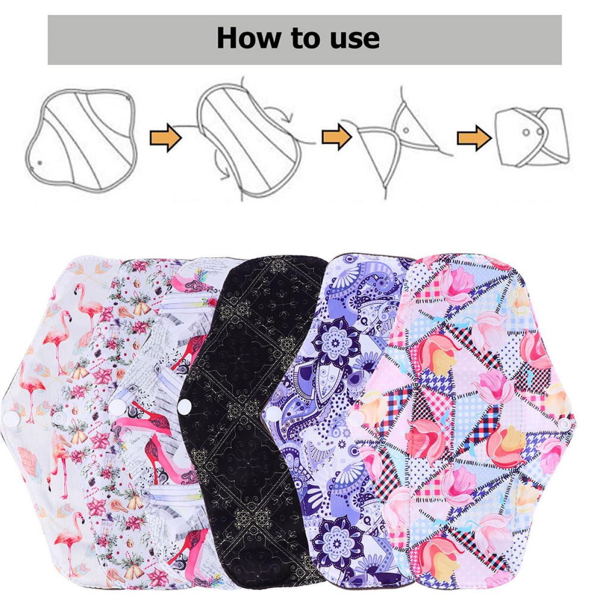 Compresa Menstrual Reutilizable M de Fibra de Carbón 7 Piezas | Alas y Broches de Fijación, Tacto Cómodo para Uso Diario y Ejercicio, Formato Lavable Estilo Aleatorio